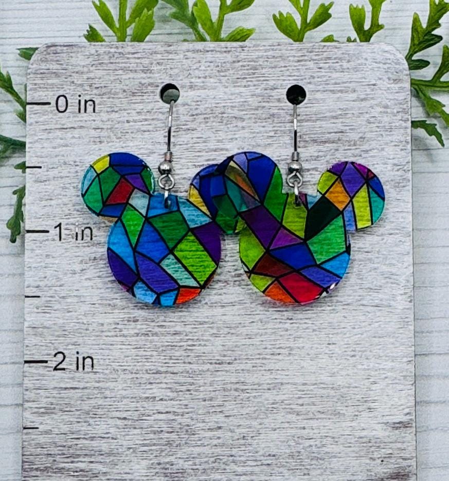 Stained Glass Mouse head Laser Cut Dangle Earrings , Translucent stained glass patterned Crystal Acrylic Earrings, Lightweight earrings