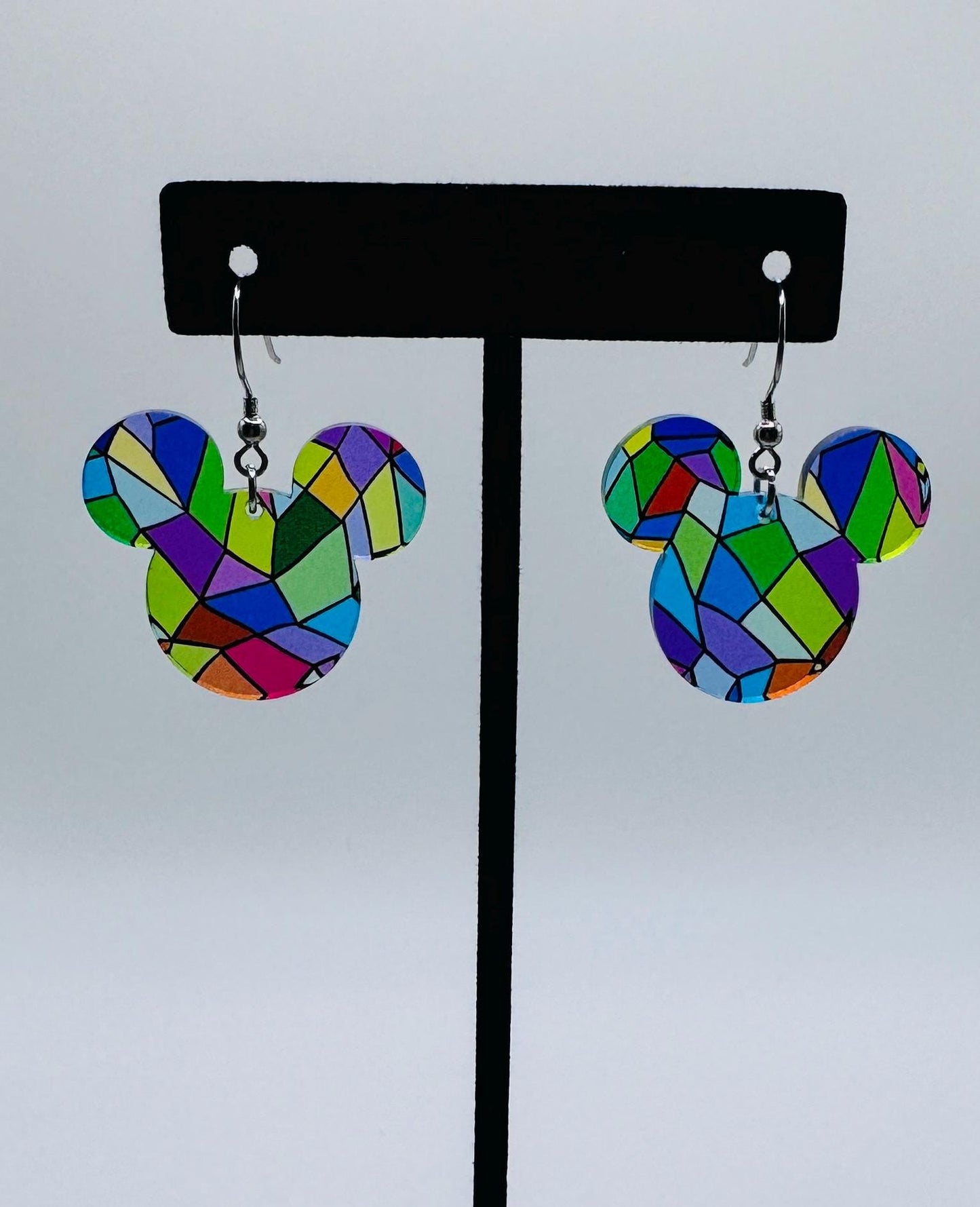 Stained Glass Mouse head Laser Cut Dangle Earrings , Translucent stained glass patterned Crystal Acrylic Earrings, Lightweight earrings