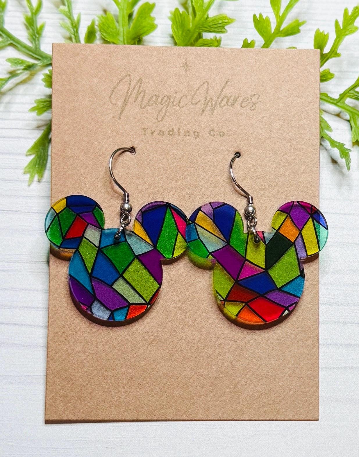 Stained Glass Mouse head Laser Cut Dangle Earrings , Translucent stained glass patterned Crystal Acrylic Earrings, Lightweight earrings