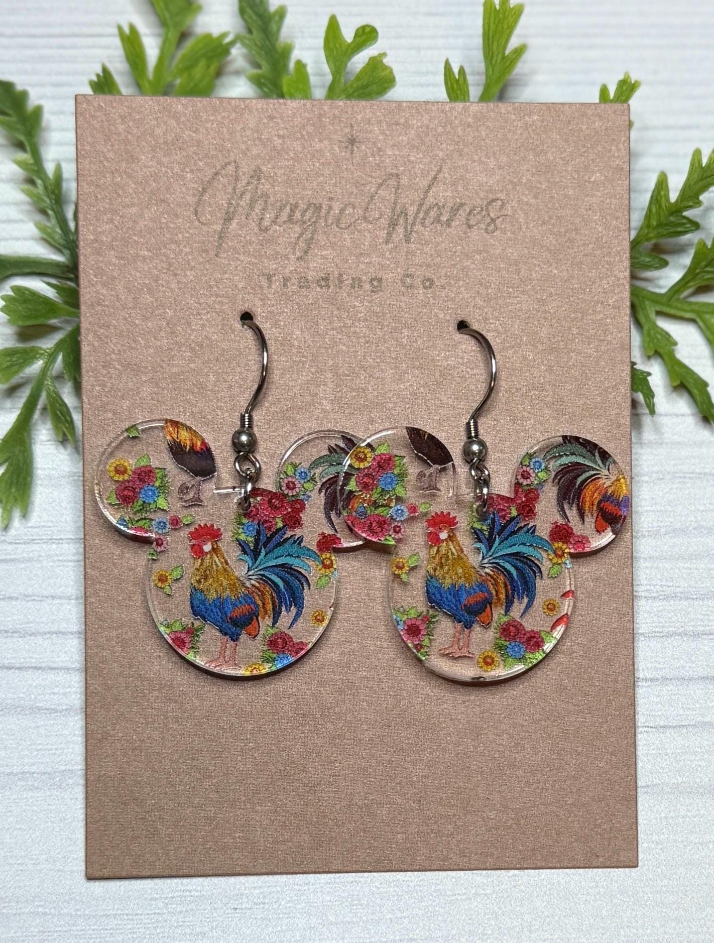 Hei Hei Inspired Laser Cut Dangle Earrings , Chicken patterned Crystal Acrylic Earrings, Lightweight Dangle Earrings, Mousehead earrings