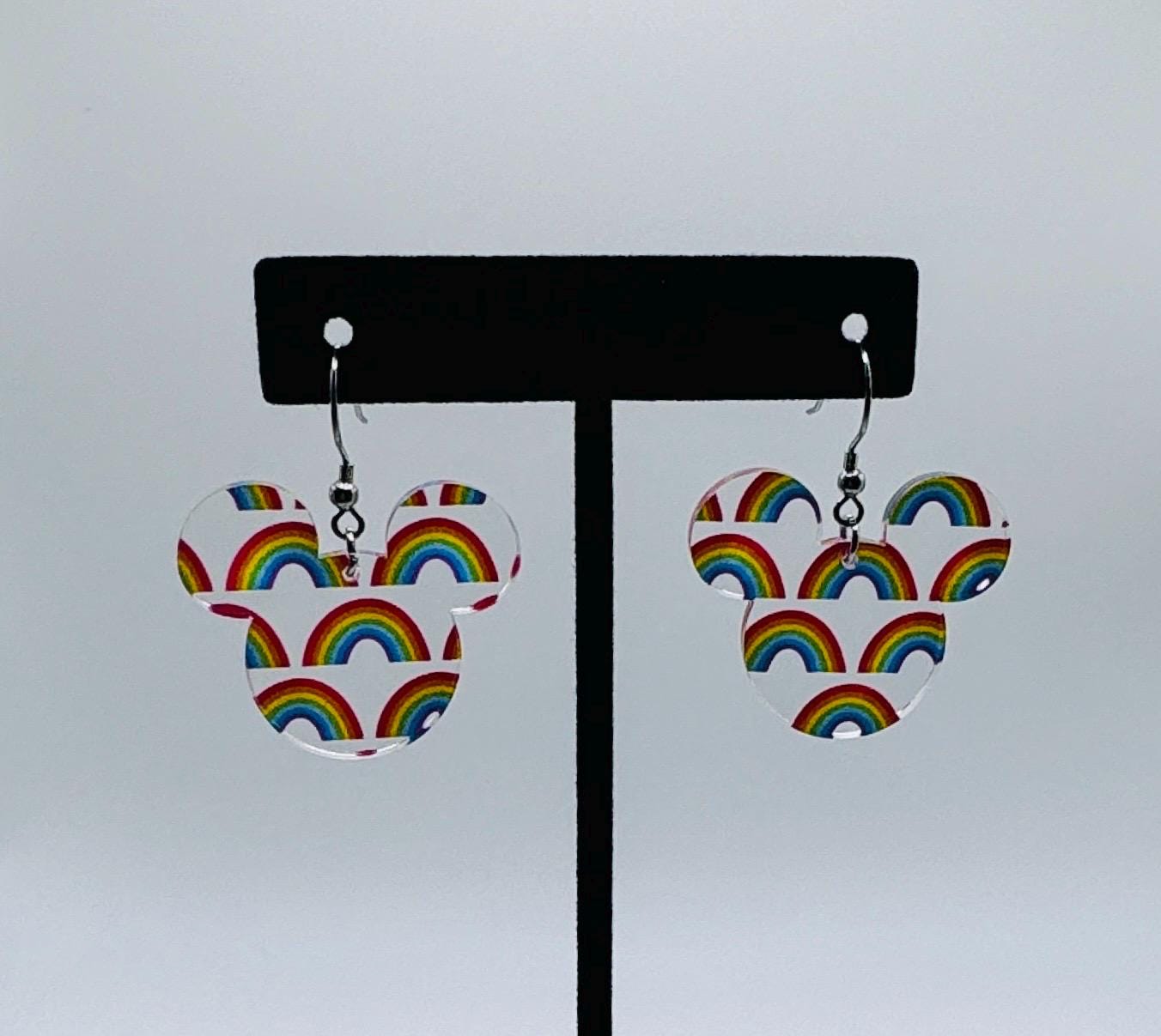 Rainbow Mouse head Laser Cut Dangle Earrings , Rainbow patterned Crystal Acrylic Earrings, Lightweight earrings
