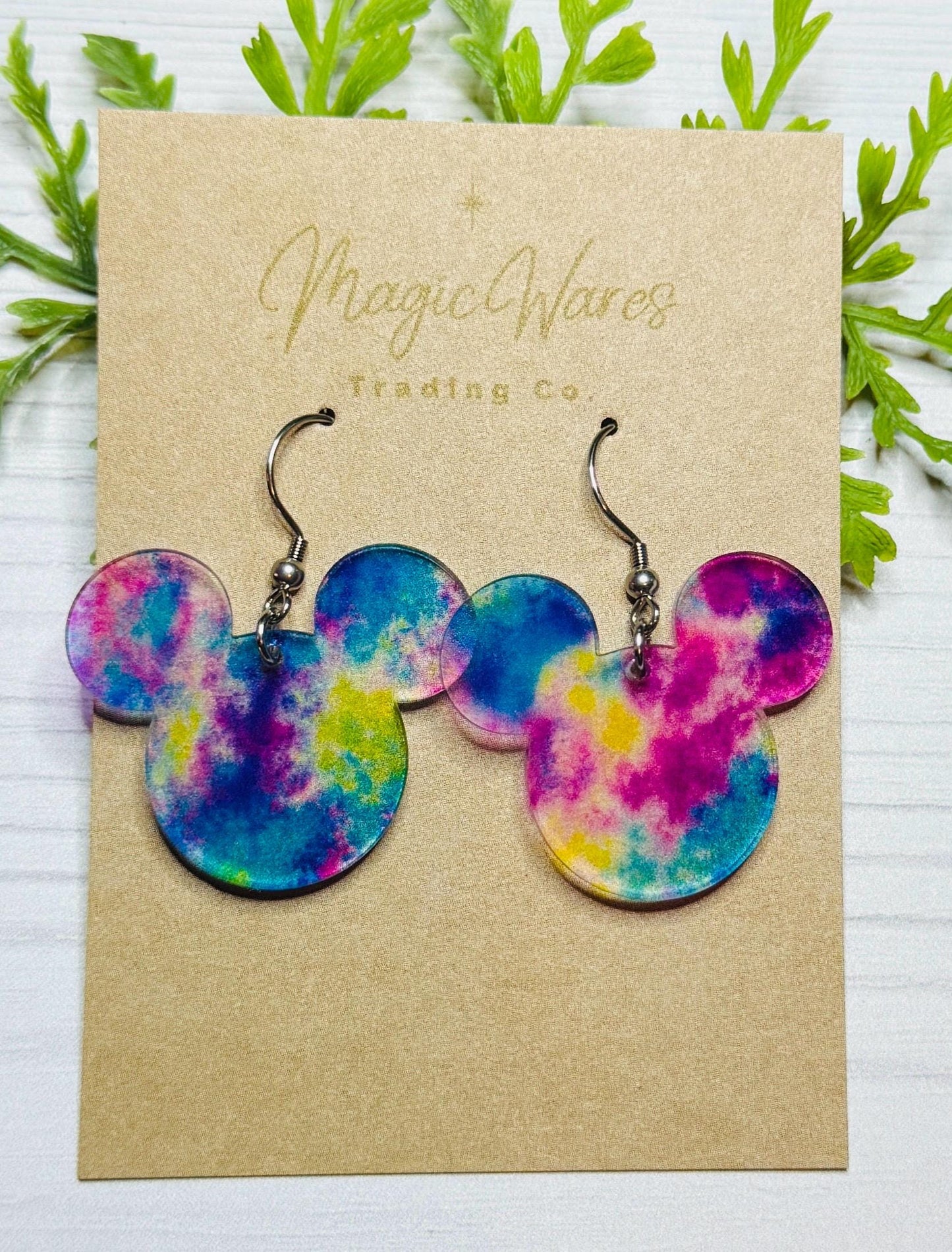 Transparent Tie Dye Mouse head Laser Cut Dangle Earrings , colorful Tie Dye patterned Crystal Acrylic Earrings, Lightweight earrings