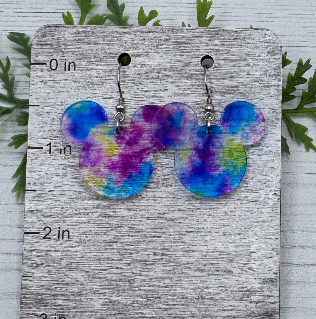 Transparent Tie Dye Mouse head Laser Cut Dangle Earrings , colorful Tie Dye patterned Crystal Acrylic Earrings, Lightweight earrings