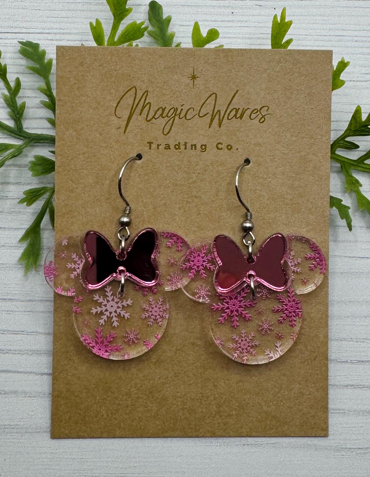 Pink Snowflakes Minnie Dangle with Pink Mirror Bow Dangle Earrings, Laser cut Acrylic lightweight Earrings, Christmas Earrings