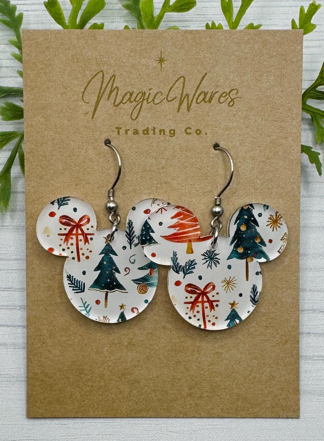 Christmas Trees and Presents Mousehead Acrylic Earrings, Trees and Presents print on Crystal Acrylic, Christmas party earrings