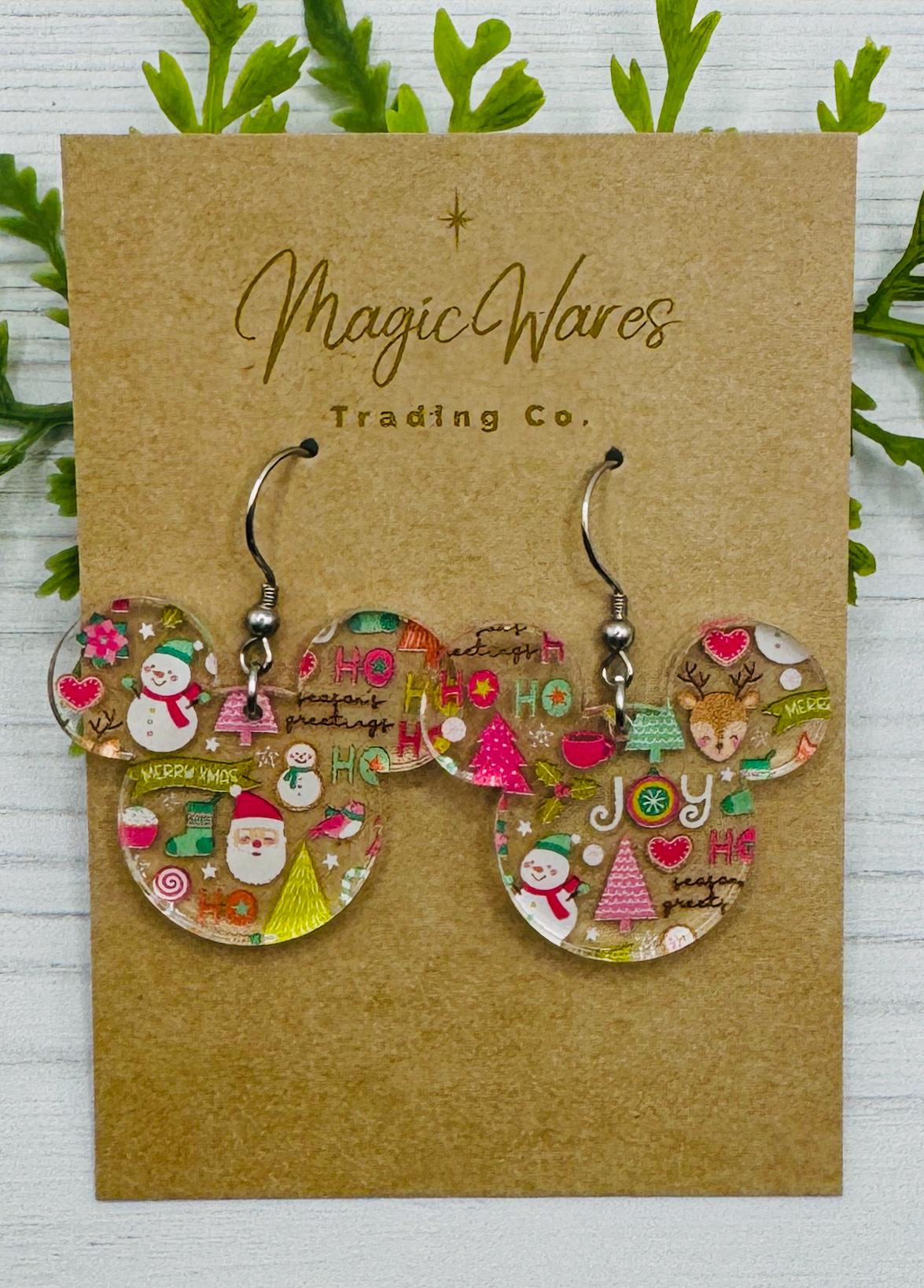 Cute Christmas Mousehead Acrylic Earrings, Holiday Greetings print on Crystal Acrylic, Christmas party earrings. Christmas earrings