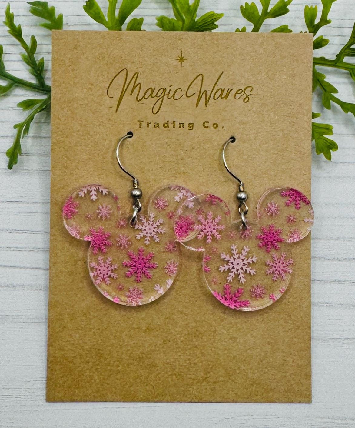 Pink Snowflakes Mousehead Acrylic Earrings, Snowflakes print on Crystal Acrylic, Christmas party earrings. Snowflake earrings