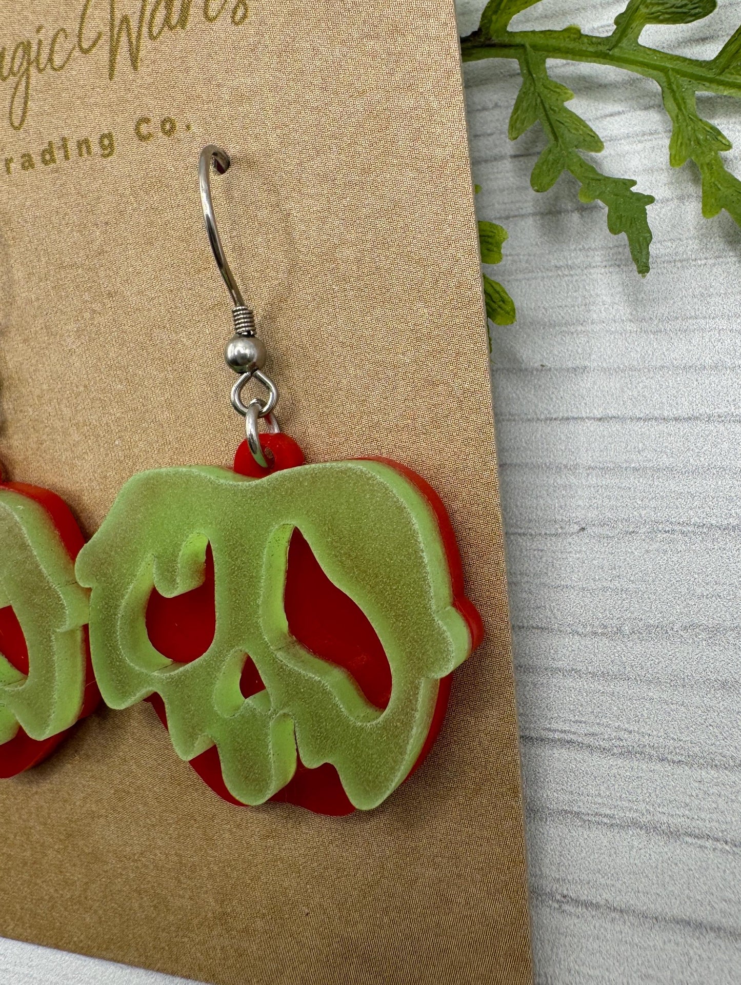 Poison Apple Glow in the Dark Dangle Earring, Snow White inspired Glow Acrylic Earrings, Halloween Earrings Evil Queen earrings