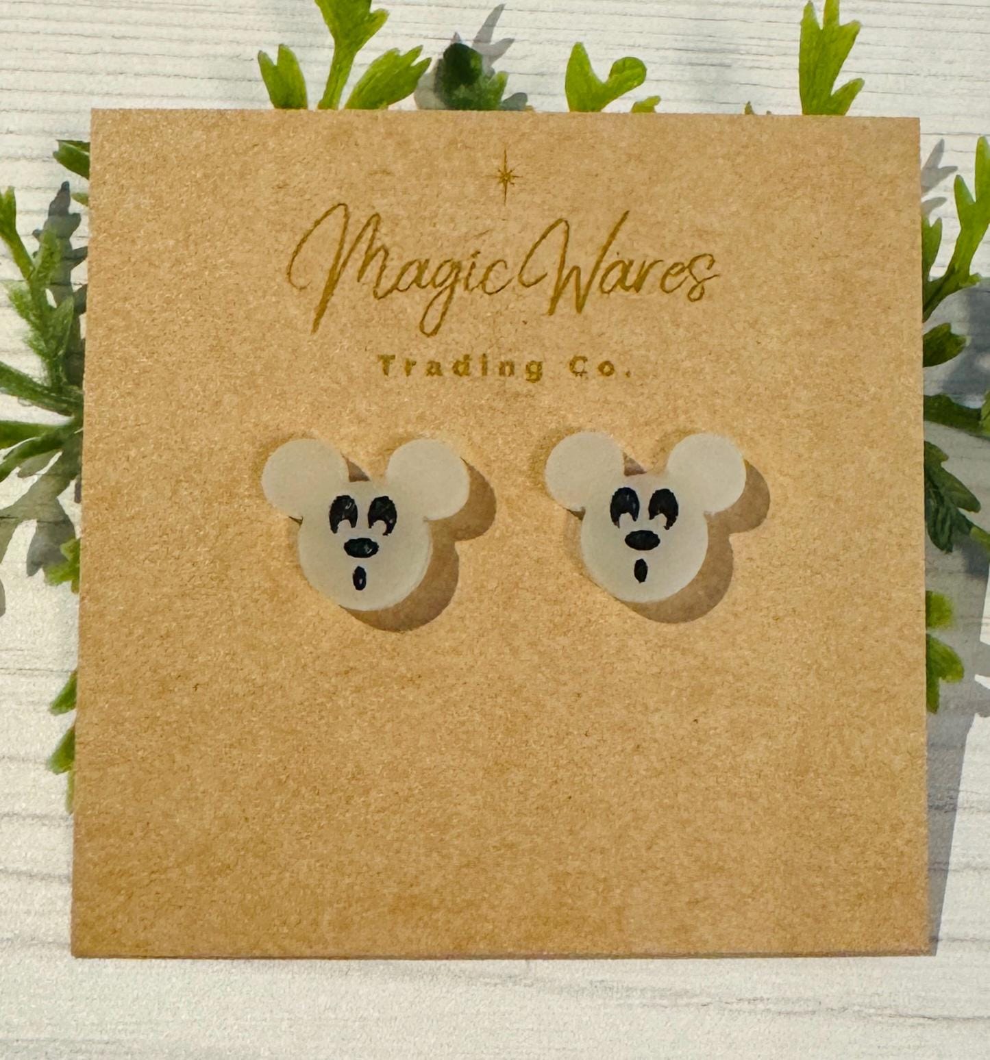 Glow in the Dark Spooky Mouse head Stud, Engraved and Laser cut white glow acrylic, Halloween party earrings