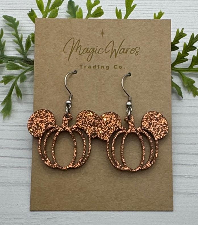 Pumpkin Glitter Mouse Dangle Earrings, Laser cut Pumpkin Spice glitter Acrylic Earrings, Lightweight Acrylic Halloween Pumpkin Earrings