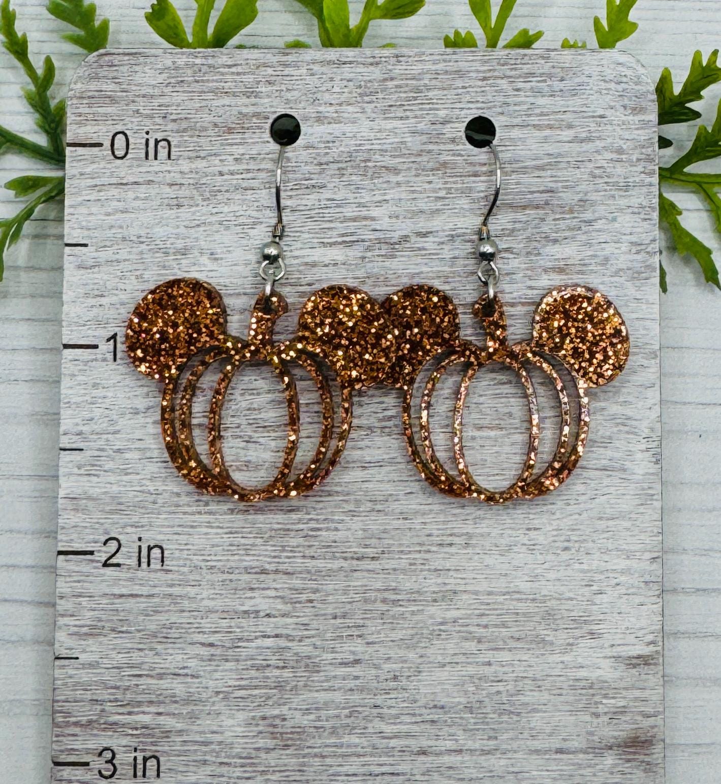 Pumpkin Glitter Mouse Dangle Earrings, Laser cut Pumpkin Spice glitter Acrylic Earrings, Lightweight Acrylic Halloween Pumpkin Earrings