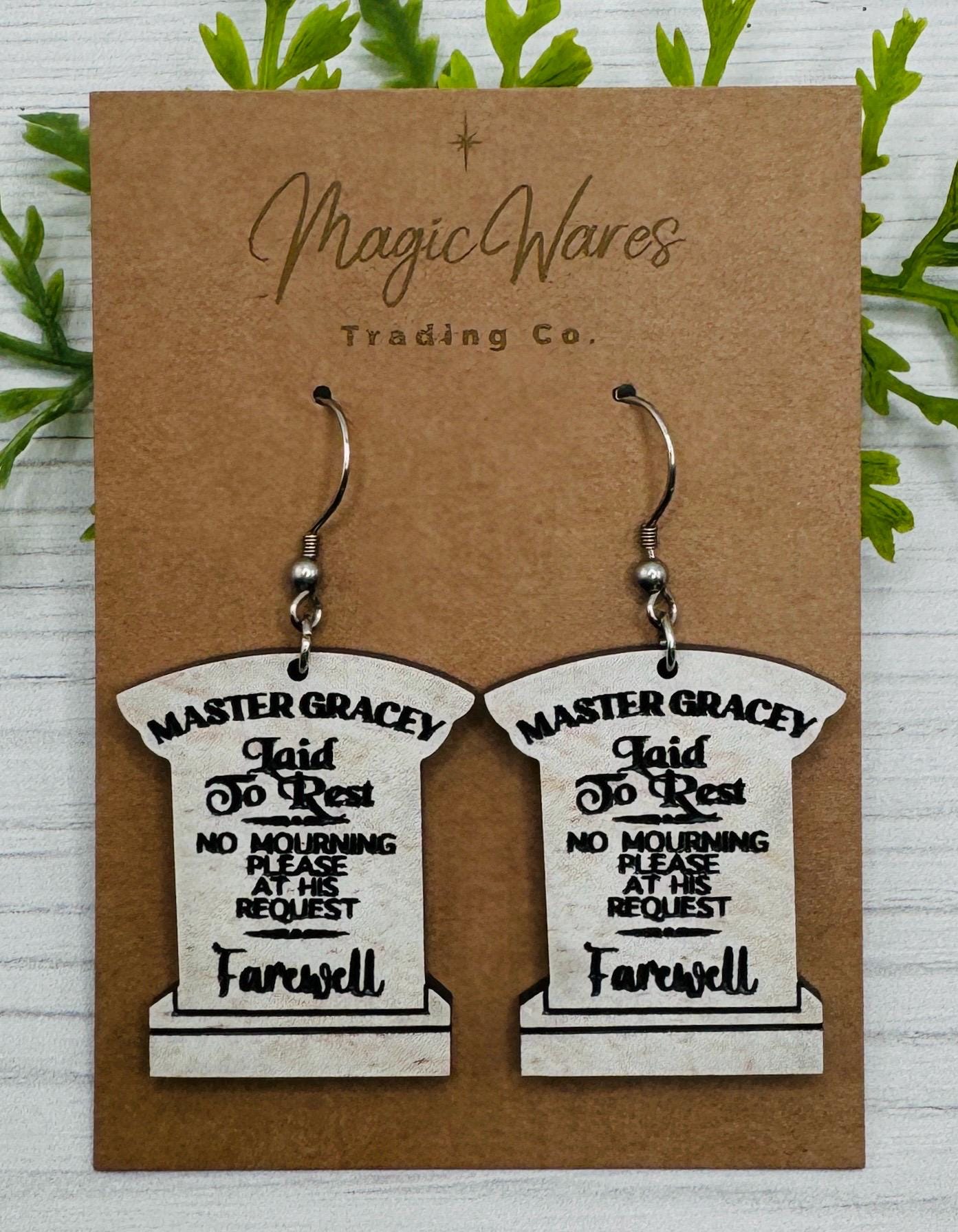 Master Gracey Tombstone Laser cut Dangle Earrings, Engraved Faux Stone Acrylic Earrings, Halloween earrings, Haunted Mansion earrings