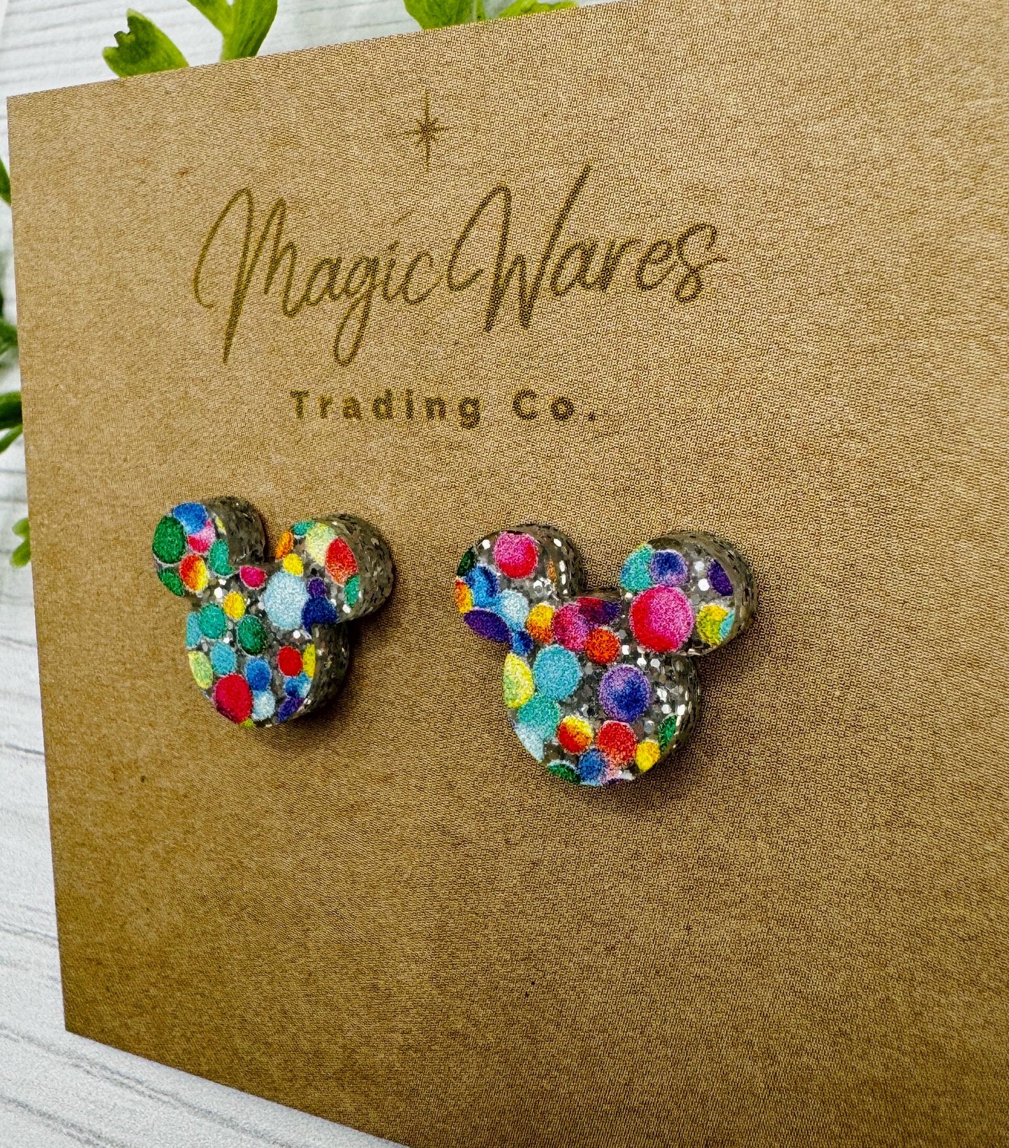 Rainbow dot glitter Mouse Stud, Rainbow Dot printed pattern on a silver glitter acrylic, pierced earlobe post earrings