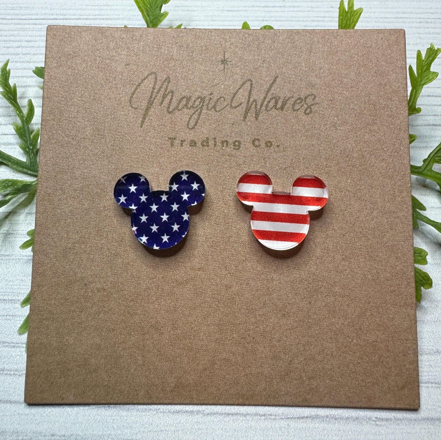USA Mouse Stud, Laser Cut Stars and Stripes Pattern on Crystal Acrylic, Stainless Steel posts Pierced Earlobe earrings