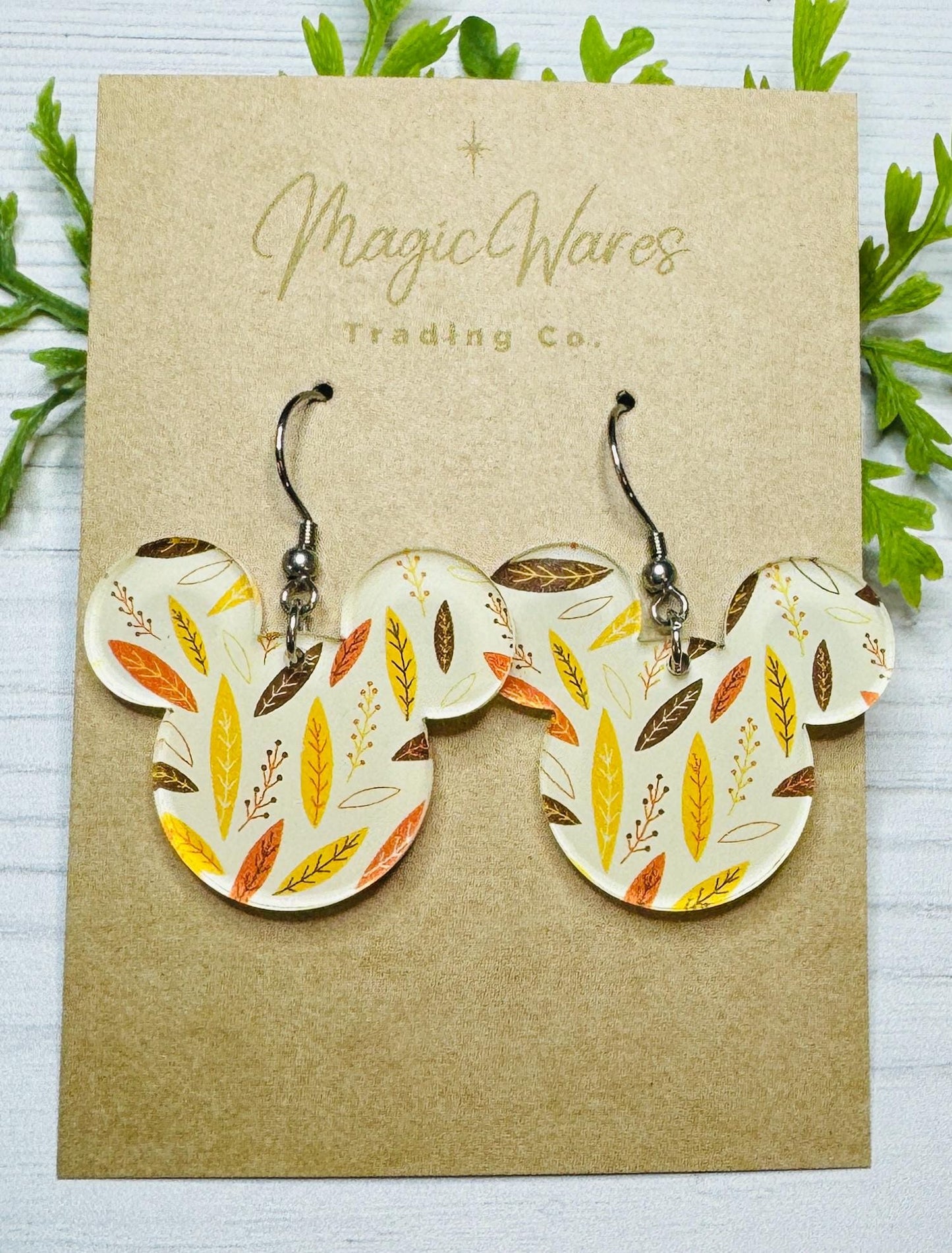Fall Leaves Mouse head Earrings, Laser Cut Fall patterned Crystal Acrylic Earrings, Dangle Earrings Fall Earrings