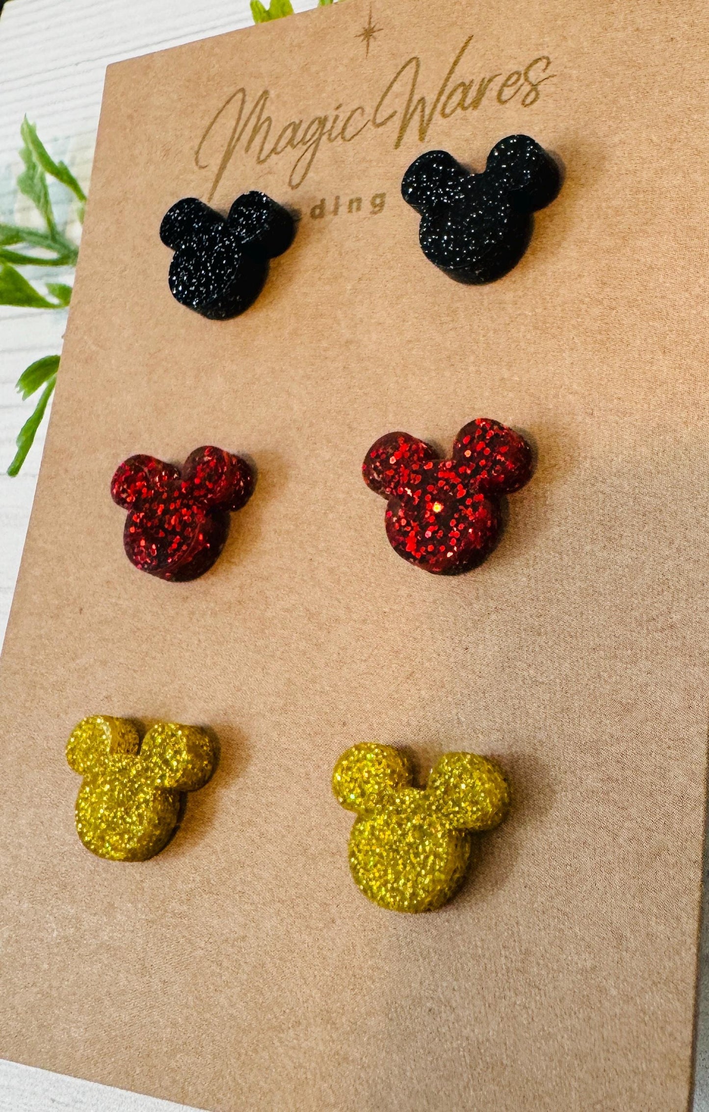 Classic Mouse Glitter Stud Trio, Small stud Earrings Multi Color Glitter, Laser Cut Post Earrings Pierced Earlobe Glitter earrings