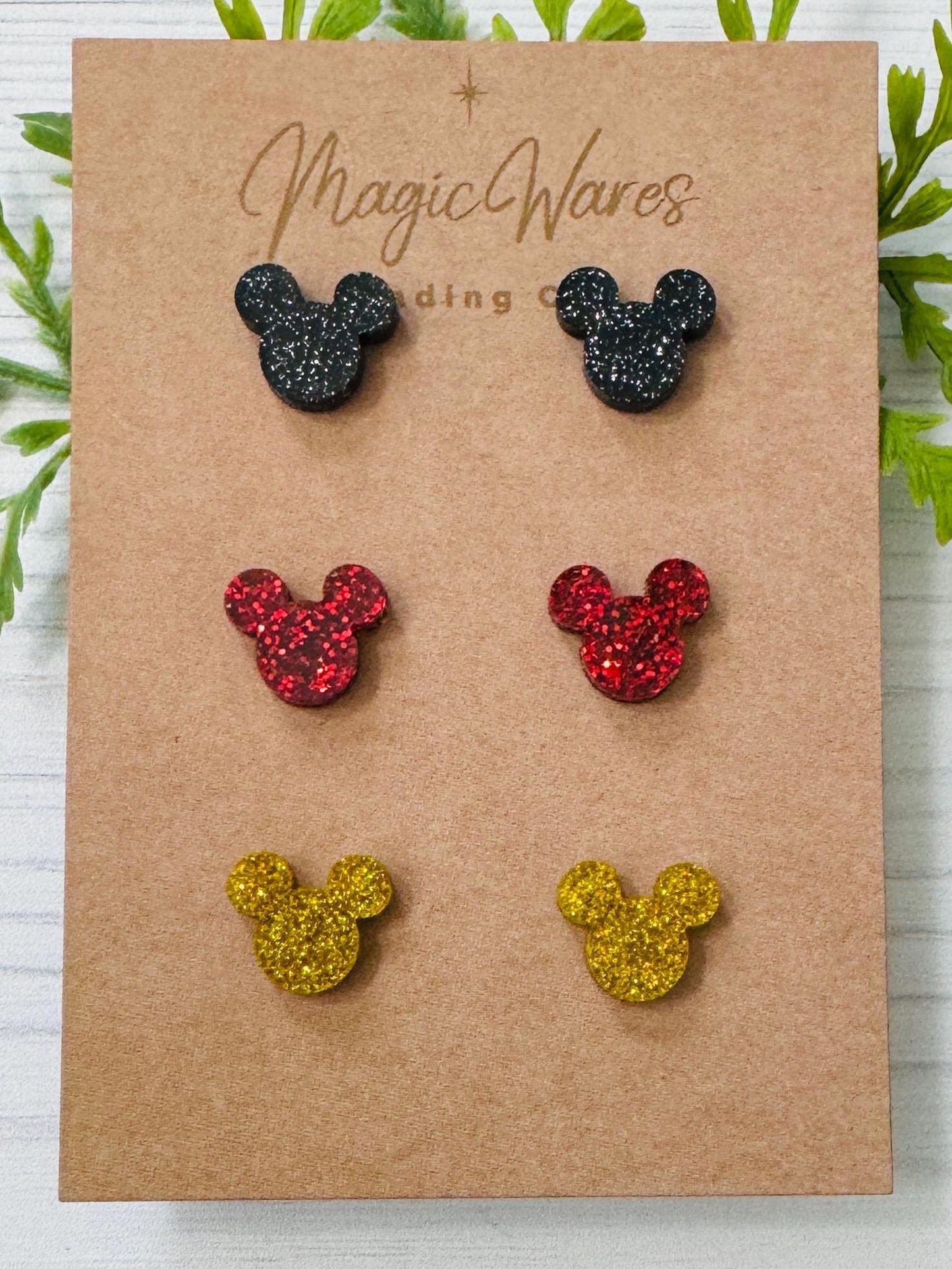 Classic Mouse Glitter Stud Trio, Small stud Earrings Multi Color Glitter, Laser Cut Post Earrings Pierced Earlobe Glitter earrings