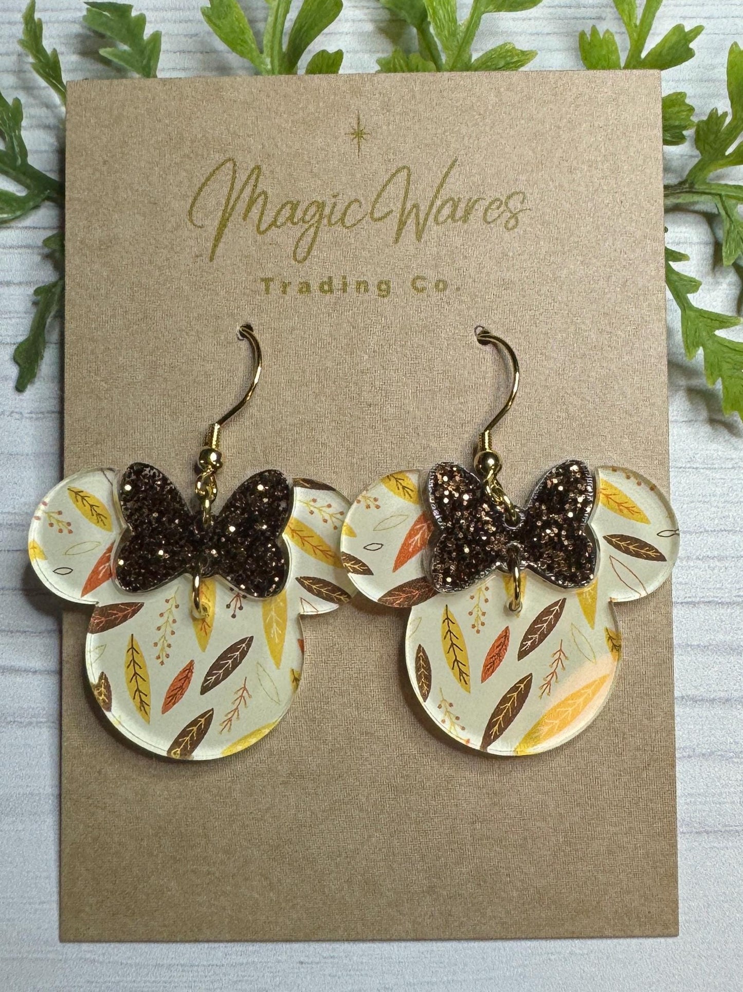 Fall Leaves Minnie Bow Dangle Earrings, Laser cut Acrylic with Brown Glitter Bow, Fall Earrings, Fall Floral earrings