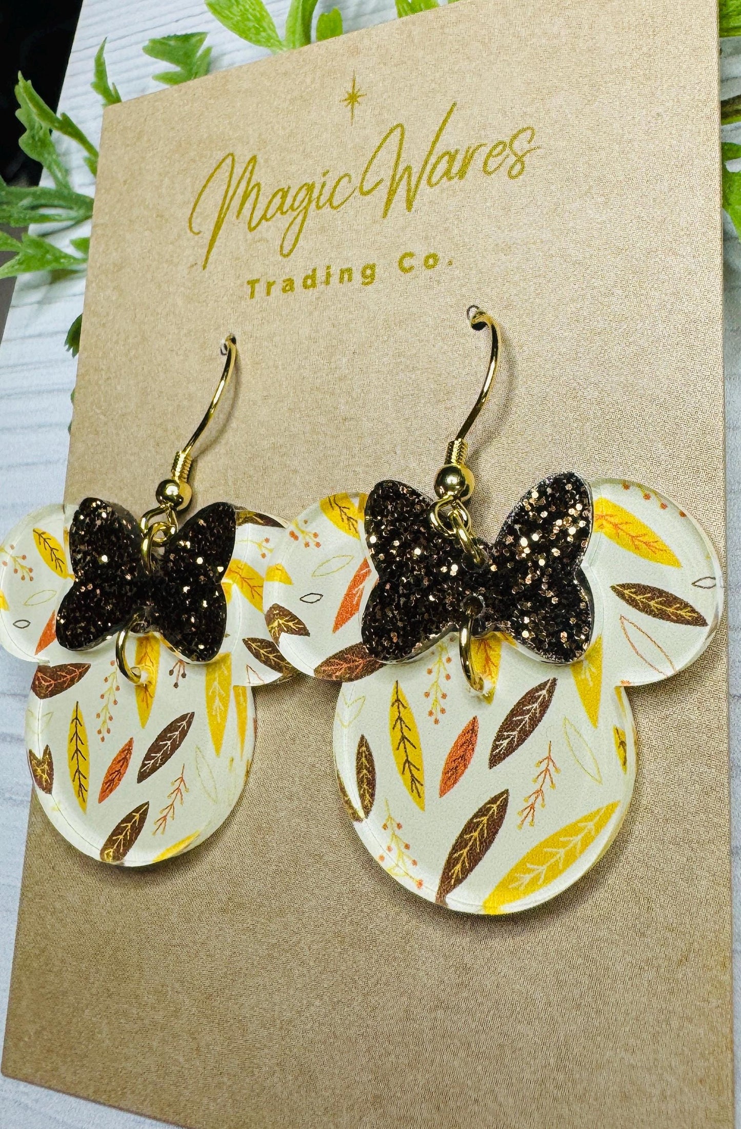 Fall Leaves Minnie Bow Dangle Earrings, Laser cut Acrylic with Brown Glitter Bow, Fall Earrings, Fall Floral earrings