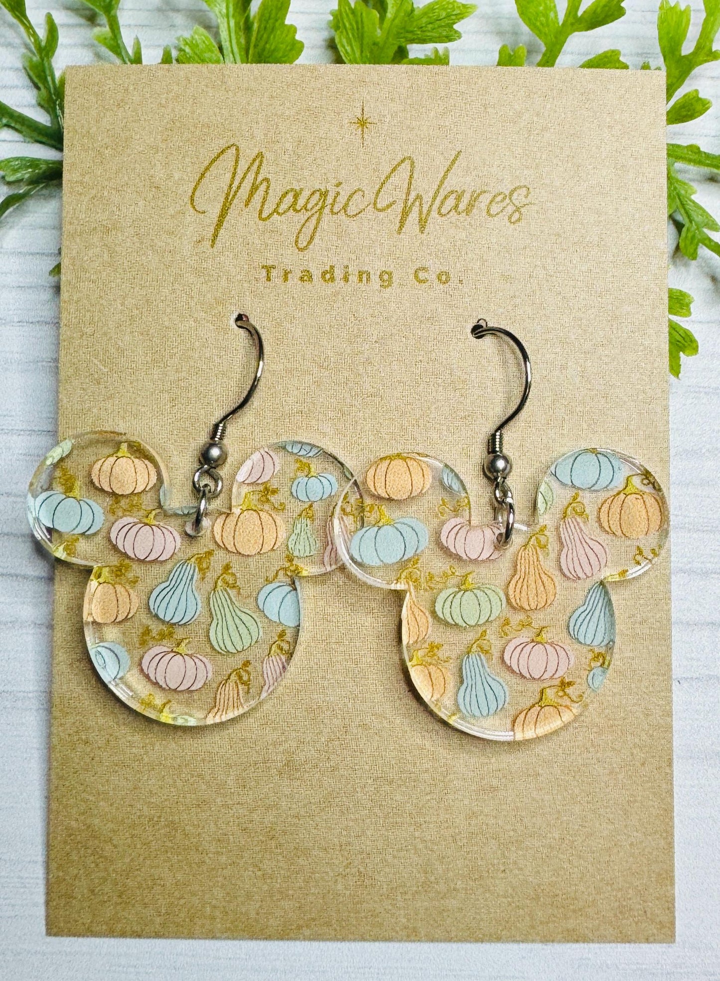 Pastel Pumpkins and Gourds Mouse head Earrings, Laser Cut Pumpkin patterned Crystal Acrylic Earrings, Dangle Earrings Fall Earrings