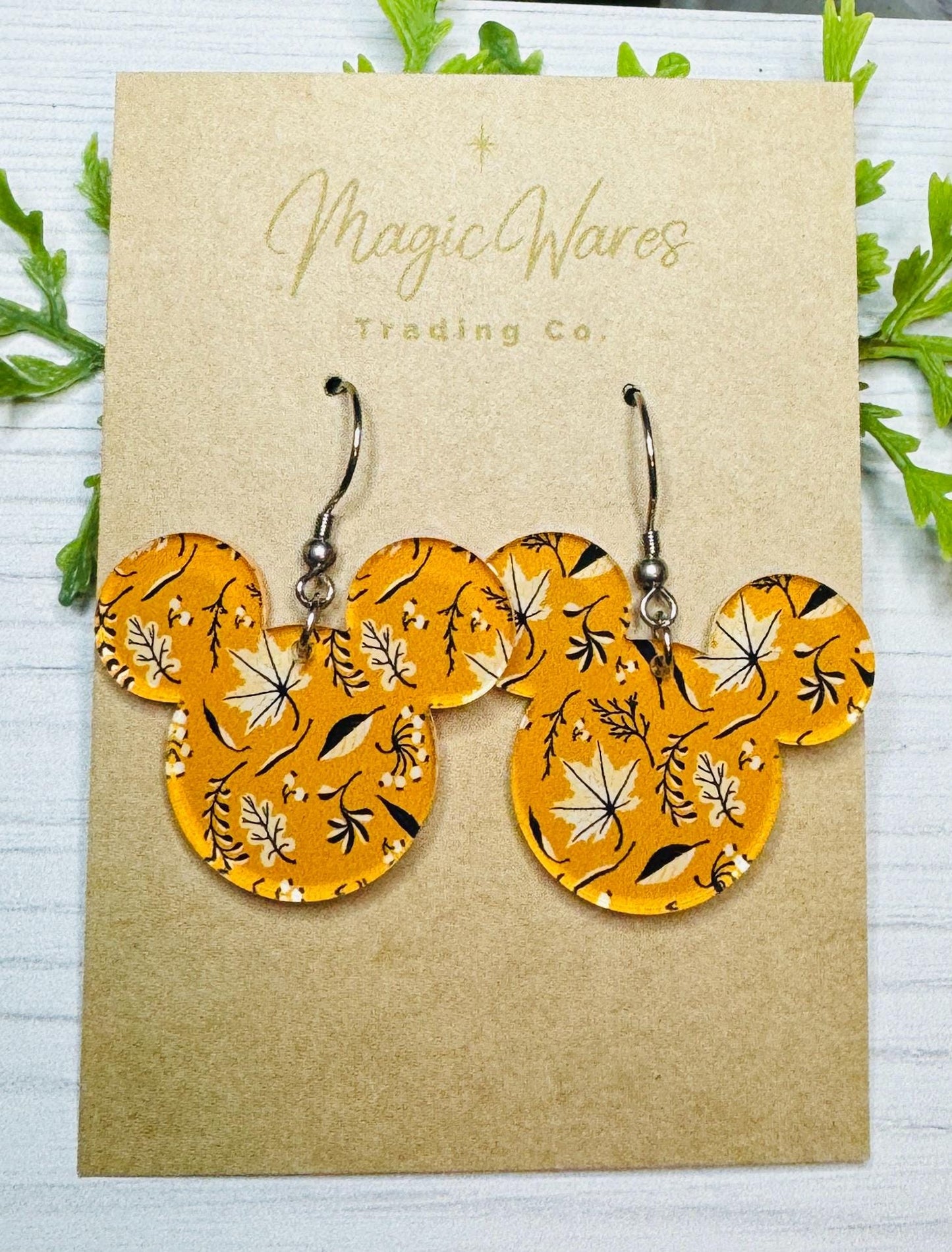 Golden Autumn Mouse head Earrings, Laser Cut Fall Foliage patterned Crystal Acrylic Earrings, Dangle Earrings Fall Earrings