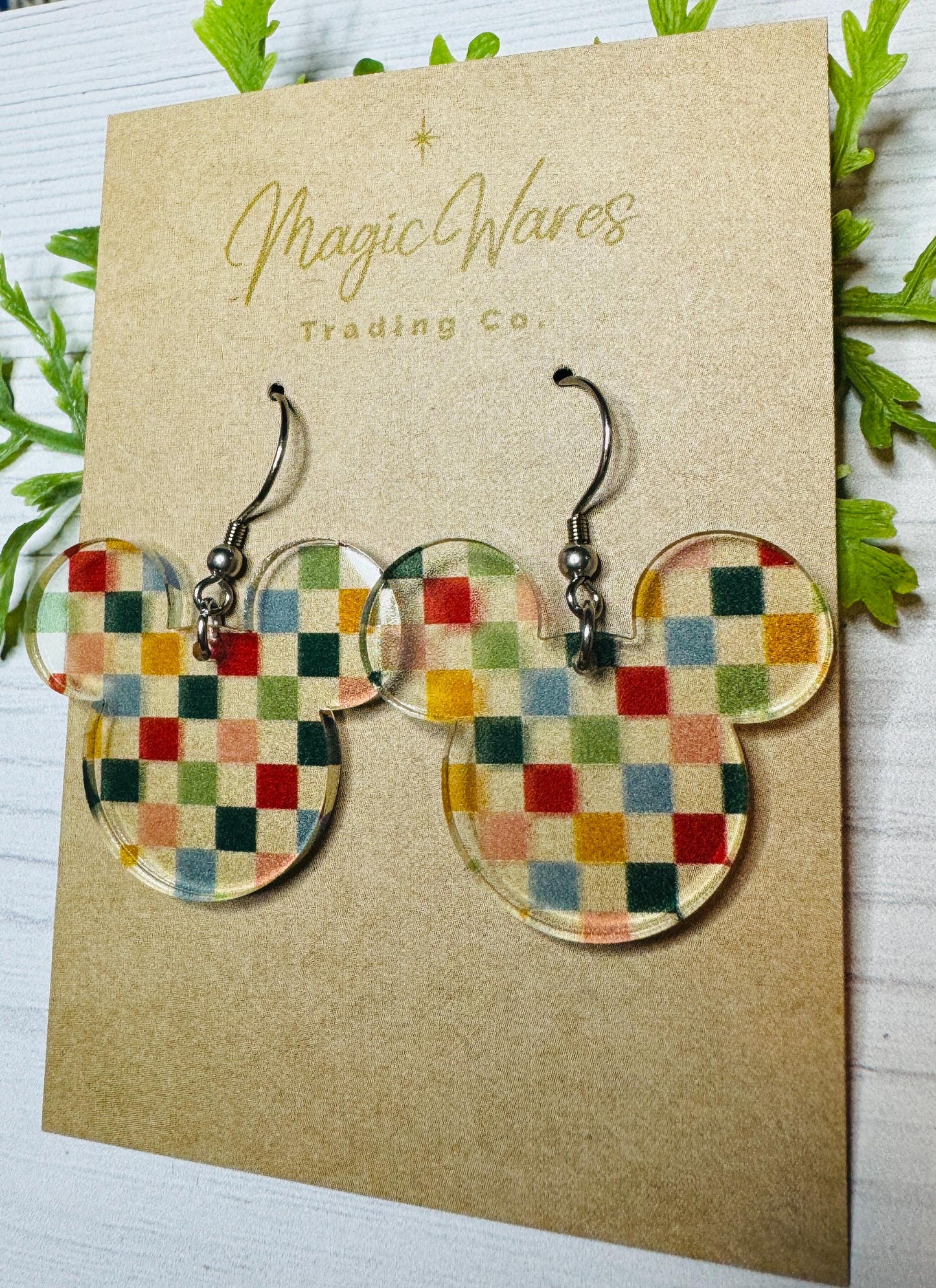 Checkerboard Mouse head Earrings, Laser Cut Neutral Checkerboard patterned Crystal Acrylic Earrings, Fall Earrings