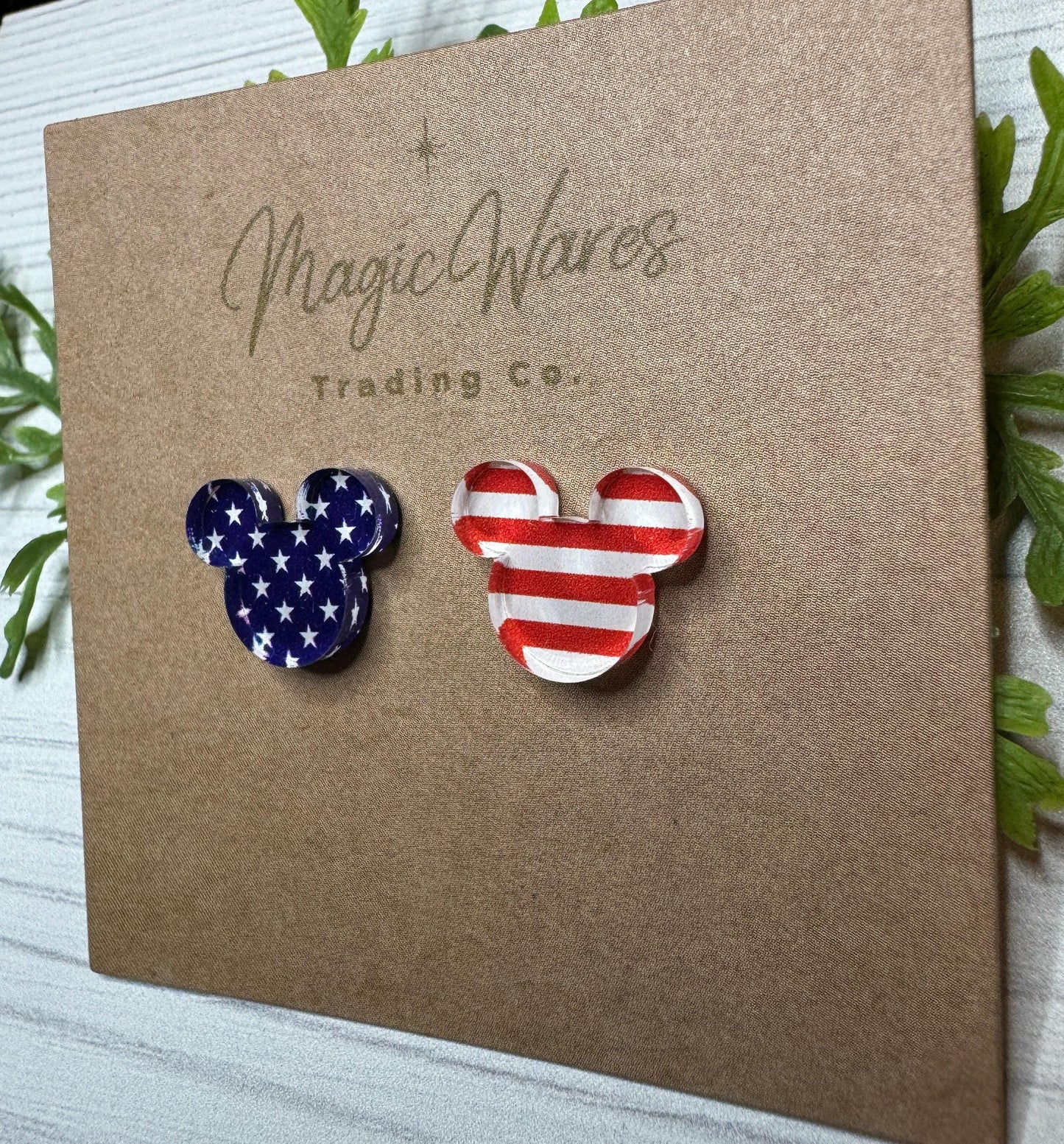 USA Mouse Stud, Laser Cut Stars and Stripes Pattern on Crystal Acrylic, Stainless Steel posts Pierced Earlobe earrings