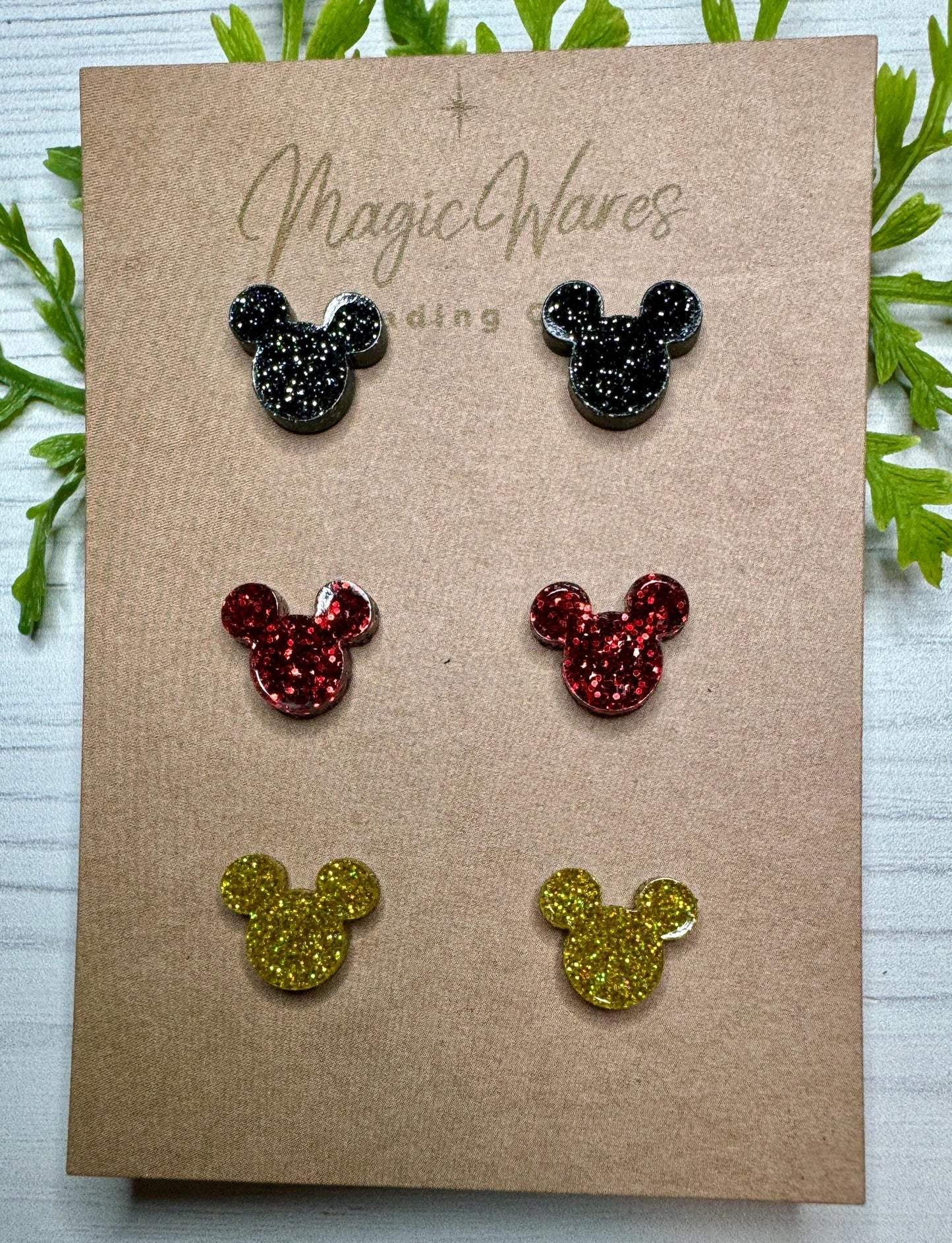 Classic Mouse Glitter Stud Trio, Small stud Earrings Multi Color Glitter, Laser Cut Post Earrings Pierced Earlobe Glitter earrings