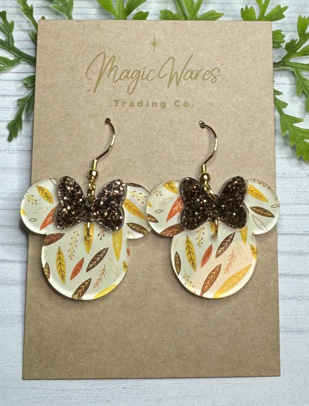 Fall Leaves Minnie Bow Dangle Earrings, Laser cut Acrylic with Brown Glitter Bow, Fall Earrings, Fall Floral earrings