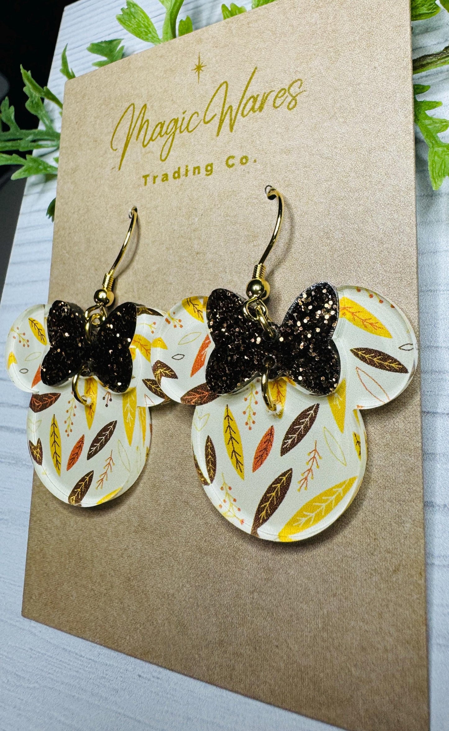 Fall Leaves Minnie Bow Dangle Earrings, Laser cut Acrylic with Brown Glitter Bow, Fall Earrings, Fall Floral earrings