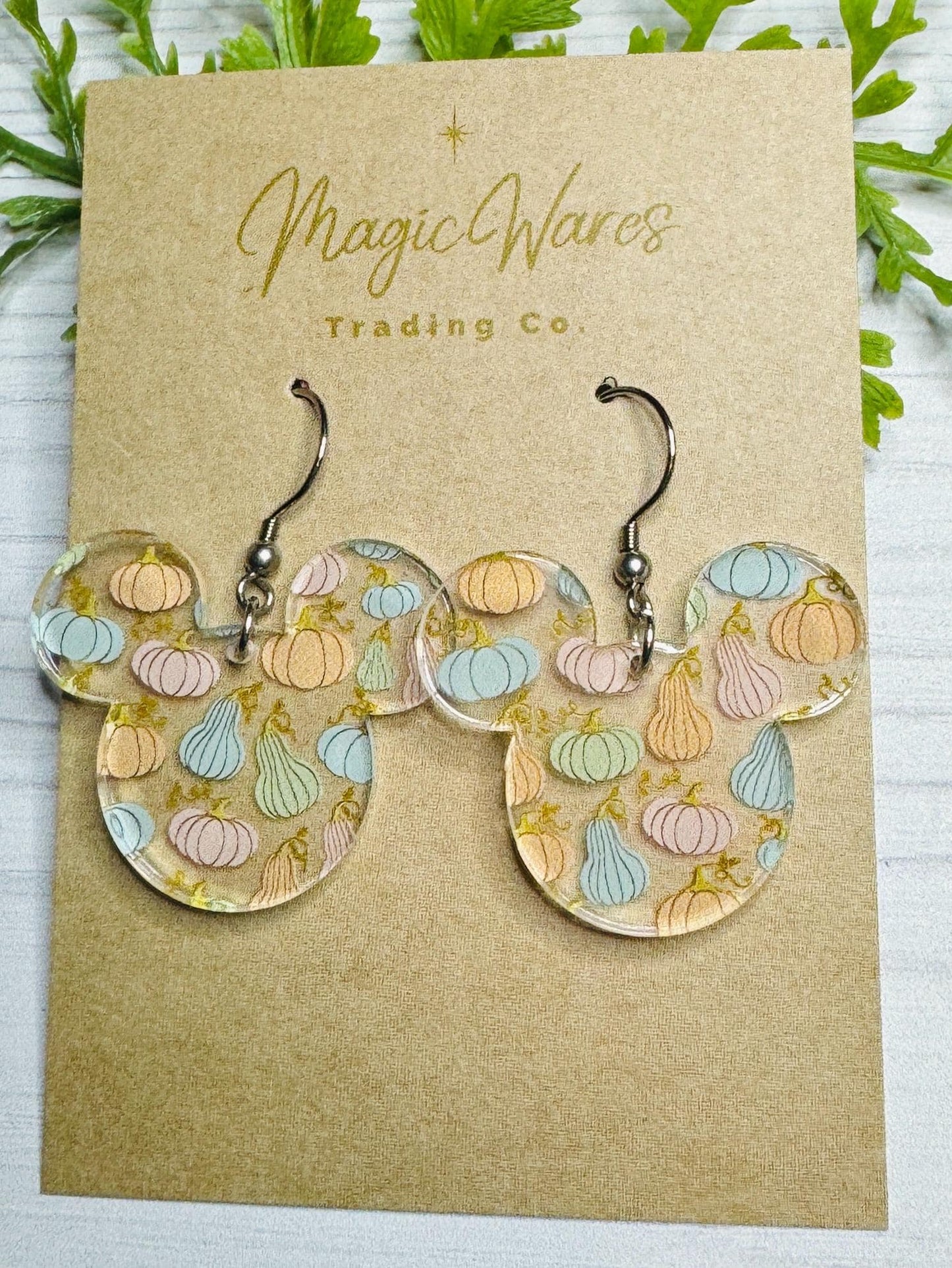 Pastel Pumpkins and Gourds Mouse head Earrings, Laser Cut Pumpkin patterned Crystal Acrylic Earrings, Dangle Earrings Fall Earrings