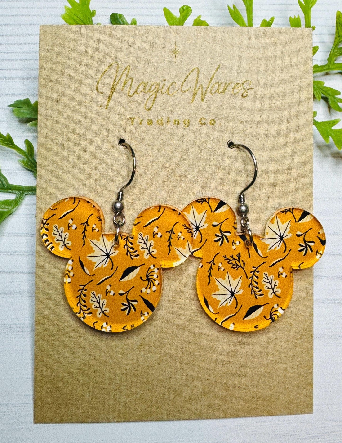 Golden Autumn Mouse head Earrings, Laser Cut Fall Foliage patterned Crystal Acrylic Earrings, Dangle Earrings Fall Earrings