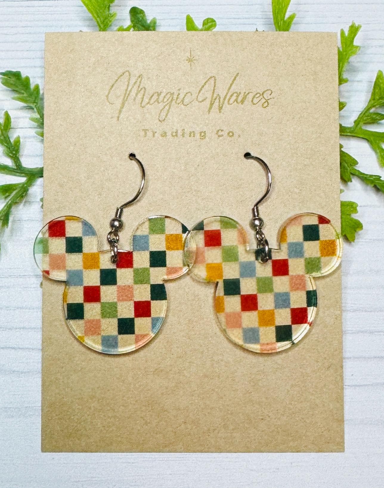 Checkerboard Mouse head Earrings, Laser Cut Neutral Checkerboard patterned Crystal Acrylic Earrings, Fall Earrings