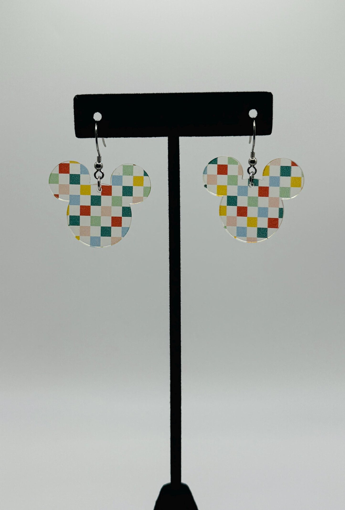 Checkerboard Mouse head Earrings, Laser Cut Neutral Checkerboard patterned Crystal Acrylic Earrings, Fall Earrings