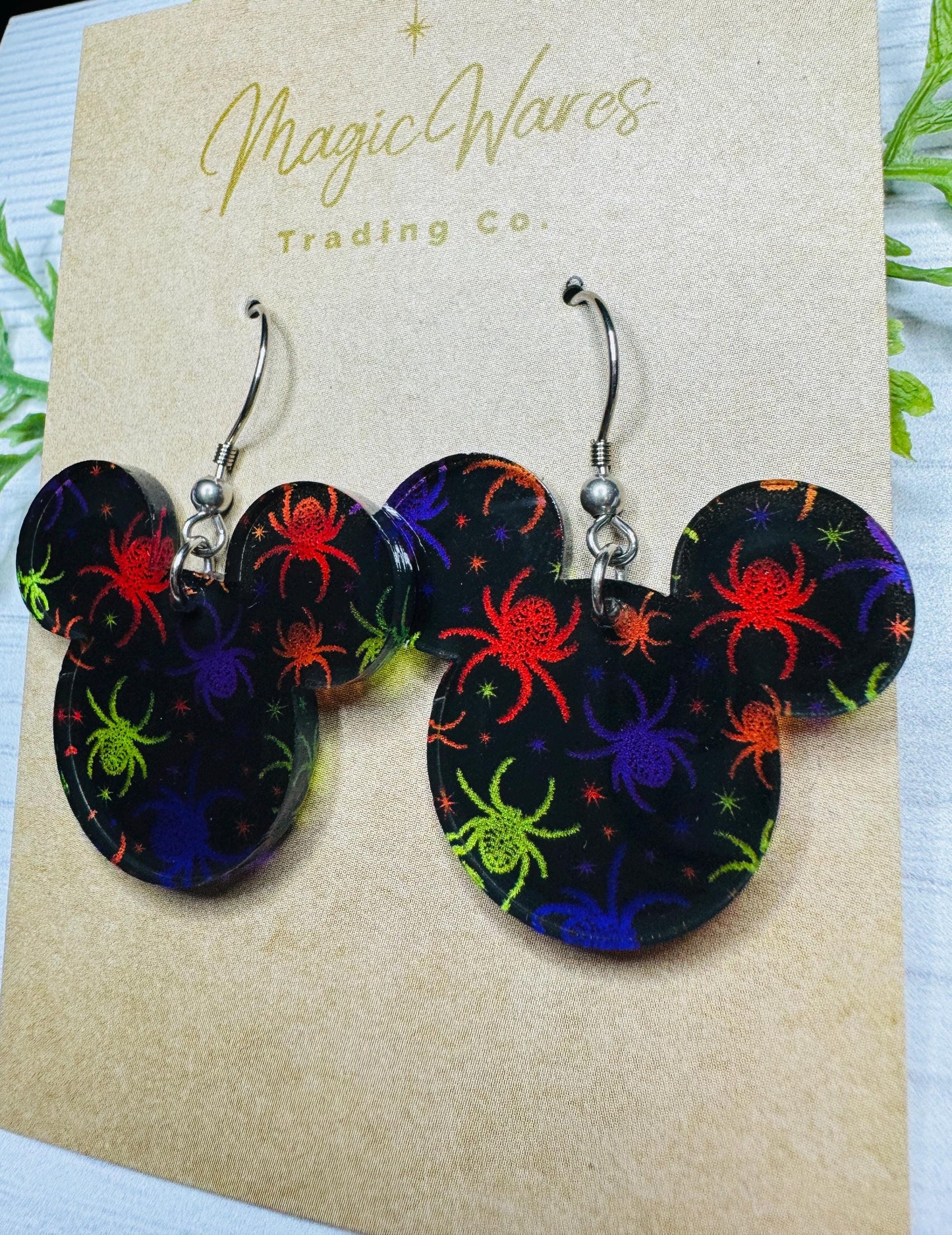 Colorful Spiders Mouse head Laser cut Dangle Earrings, Transparent Spiders Patterned Acrylic Earrings, Halloween earrings