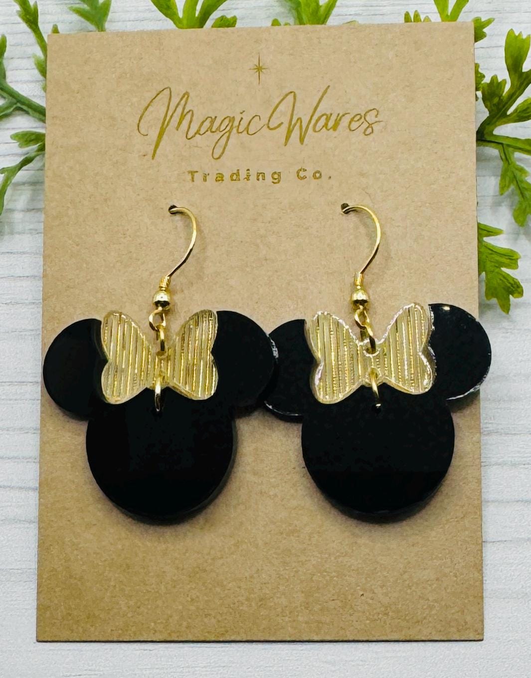 Golden Shimmer Minnie Bow Dangle, Laser cut Black Acrylic Earrings with Golden Shimmer Bow, Holiday Earrings, New Years Eve Earrings