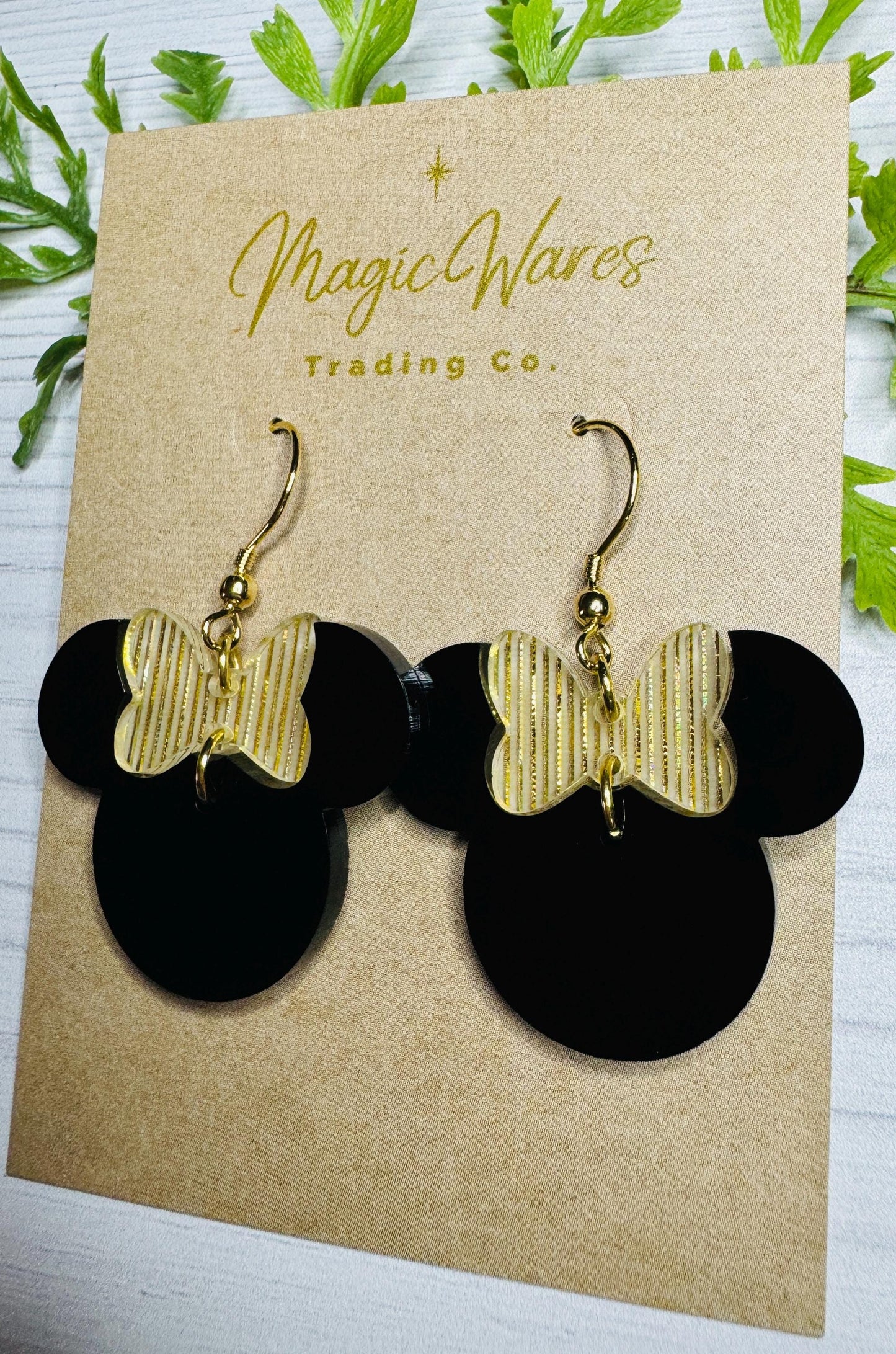Golden Shimmer Minnie Bow Dangle, Laser cut Black Acrylic Earrings with Golden Shimmer Bow, Holiday Earrings, New Years Eve Earrings