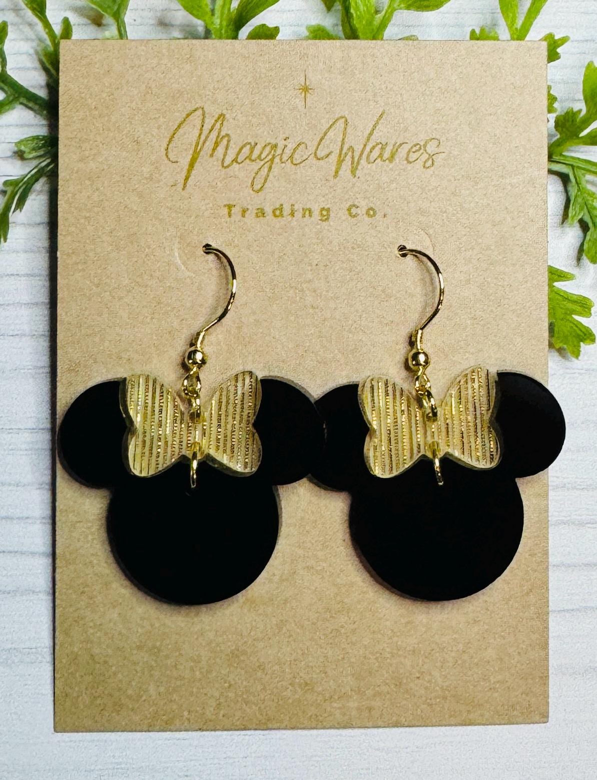 Golden Shimmer Minnie Bow Dangle, Laser cut Black Acrylic Earrings with Golden Shimmer Bow, Holiday Earrings, New Years Eve Earrings
