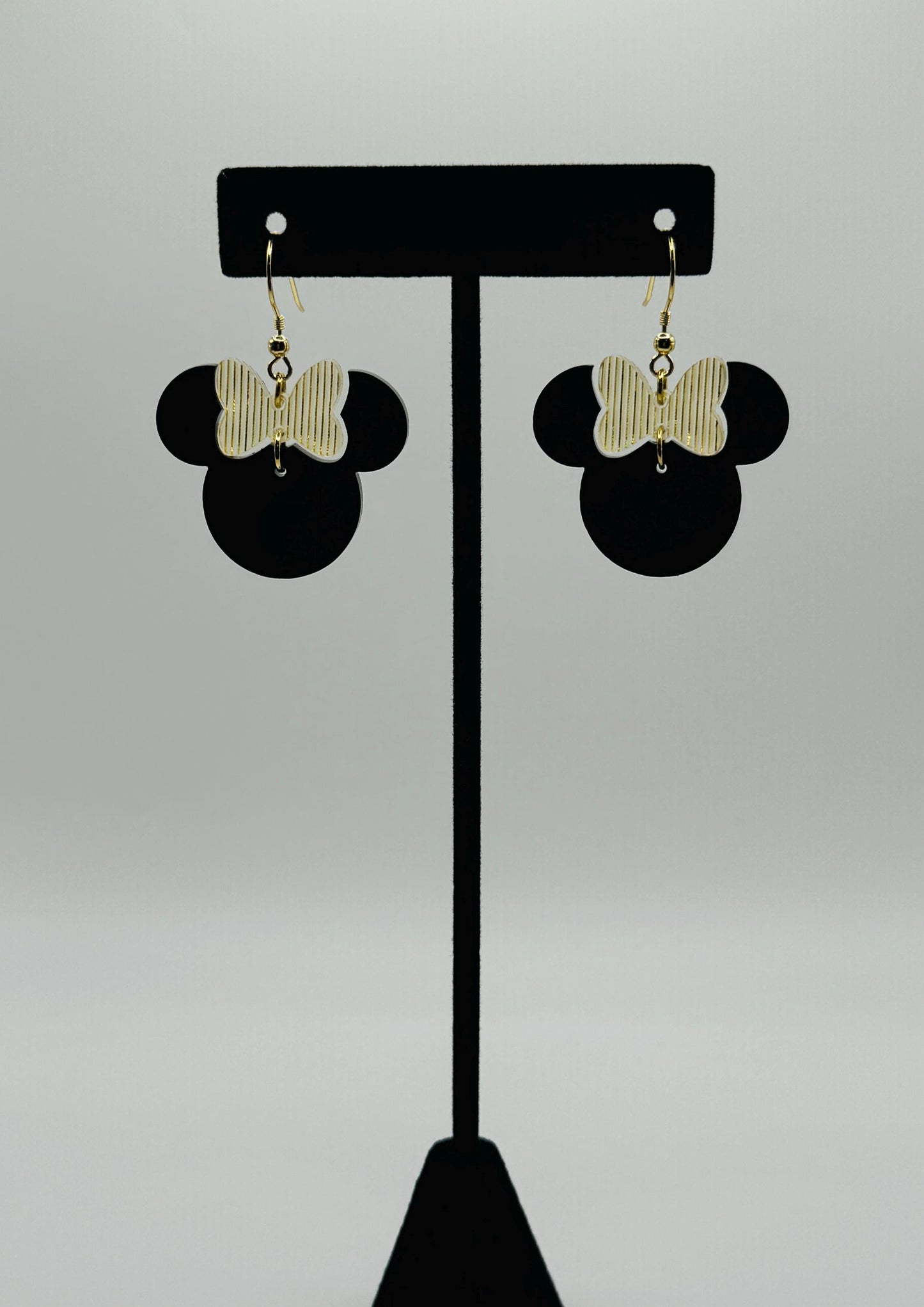 Golden Shimmer Minnie Bow Dangle, Laser cut Black Acrylic Earrings with Golden Shimmer Bow, Holiday Earrings, New Years Eve Earrings