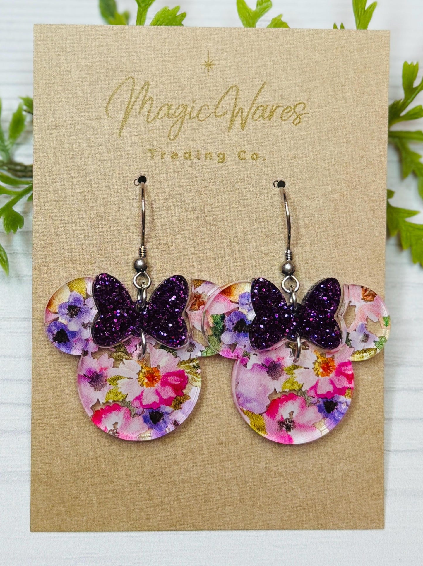 Flower Garden Minnie, Purple Glitter Minnie Bow Dangle, Laser cut Purple Floral Pattern Acrylic Earrings, Spring floral earrings