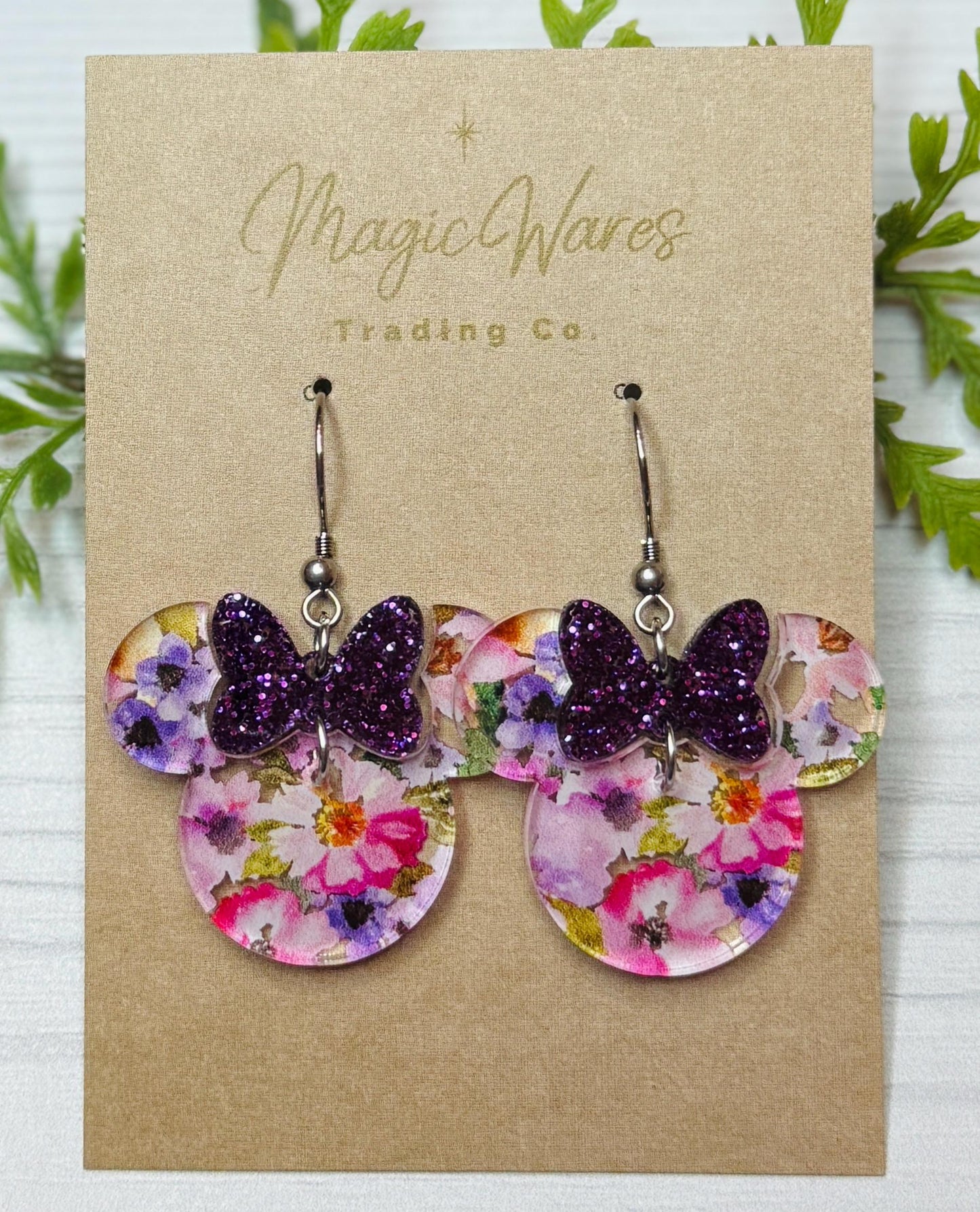 Flower Garden Minnie, Purple Glitter Minnie Bow Dangle, Laser cut Purple Floral Pattern Acrylic Earrings, Spring floral earrings