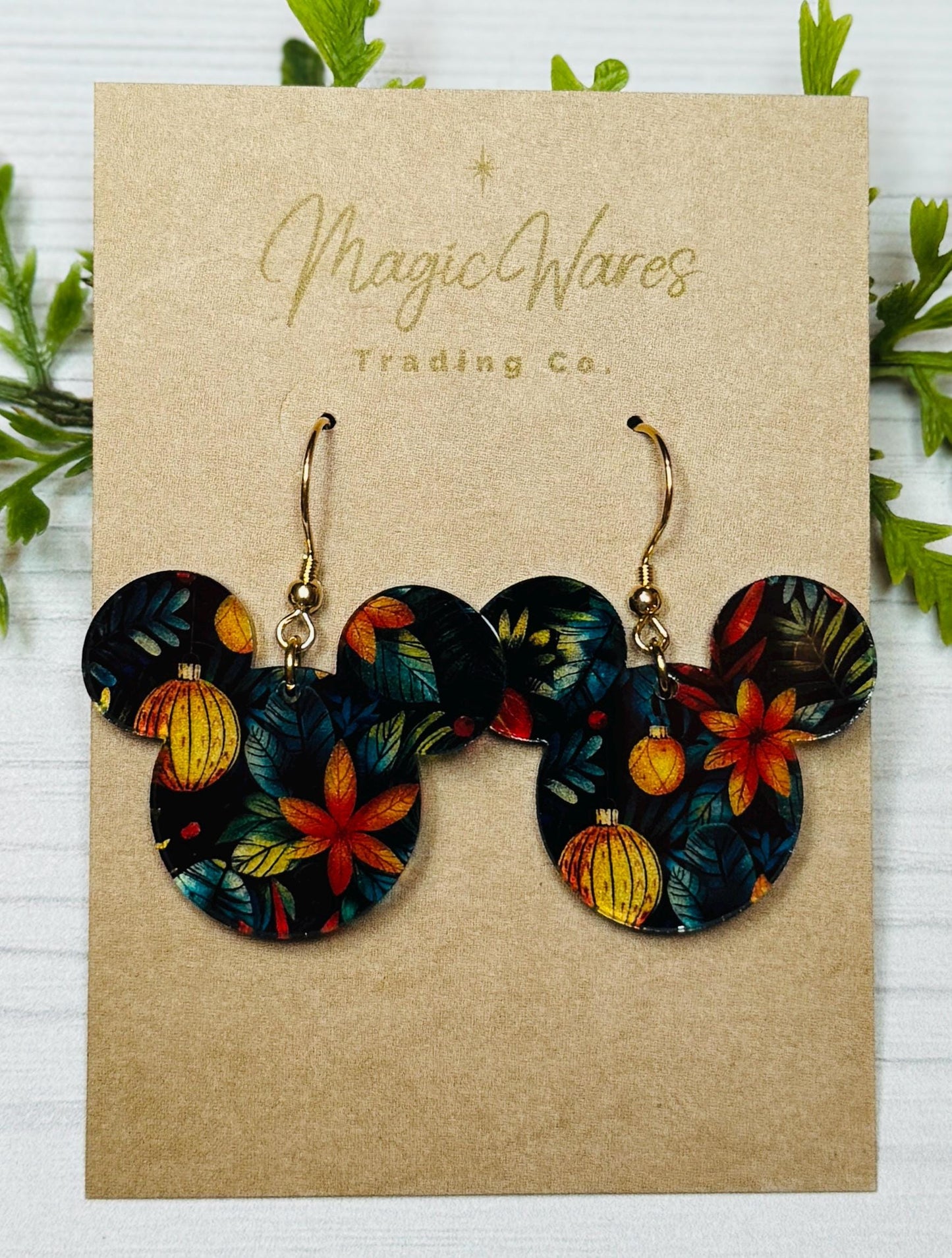 Tropical Holiday Mouse head Dangle Earrings , Laser Cut Translucent patterned Acrylic Earrings, Lightweight Christmas earrings