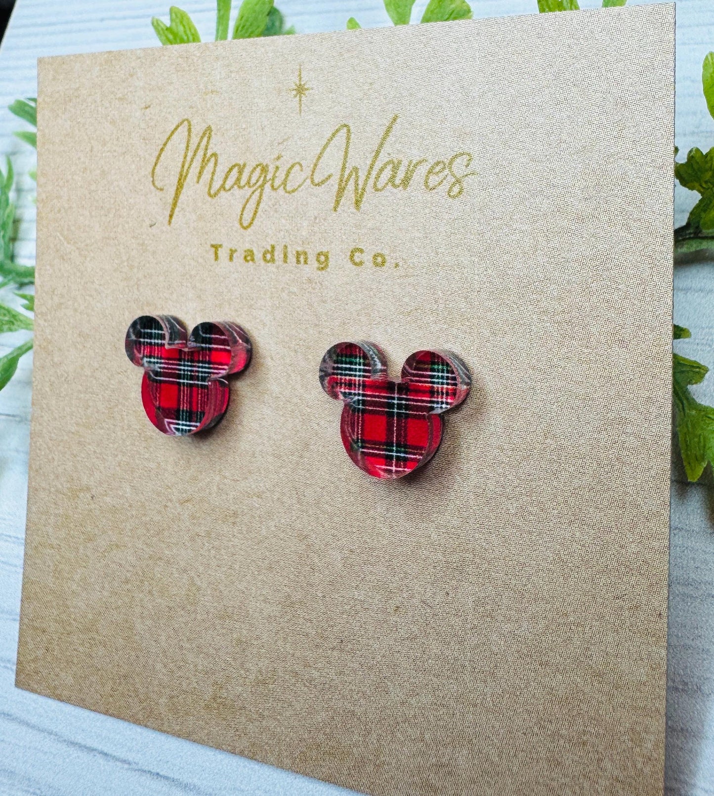 Red Tartan Plaid Mouse head Stud, Laser cut Acrylic Pierced Earlobe Post Earrings, Stainless steel stud earrings, Christmas Earrings