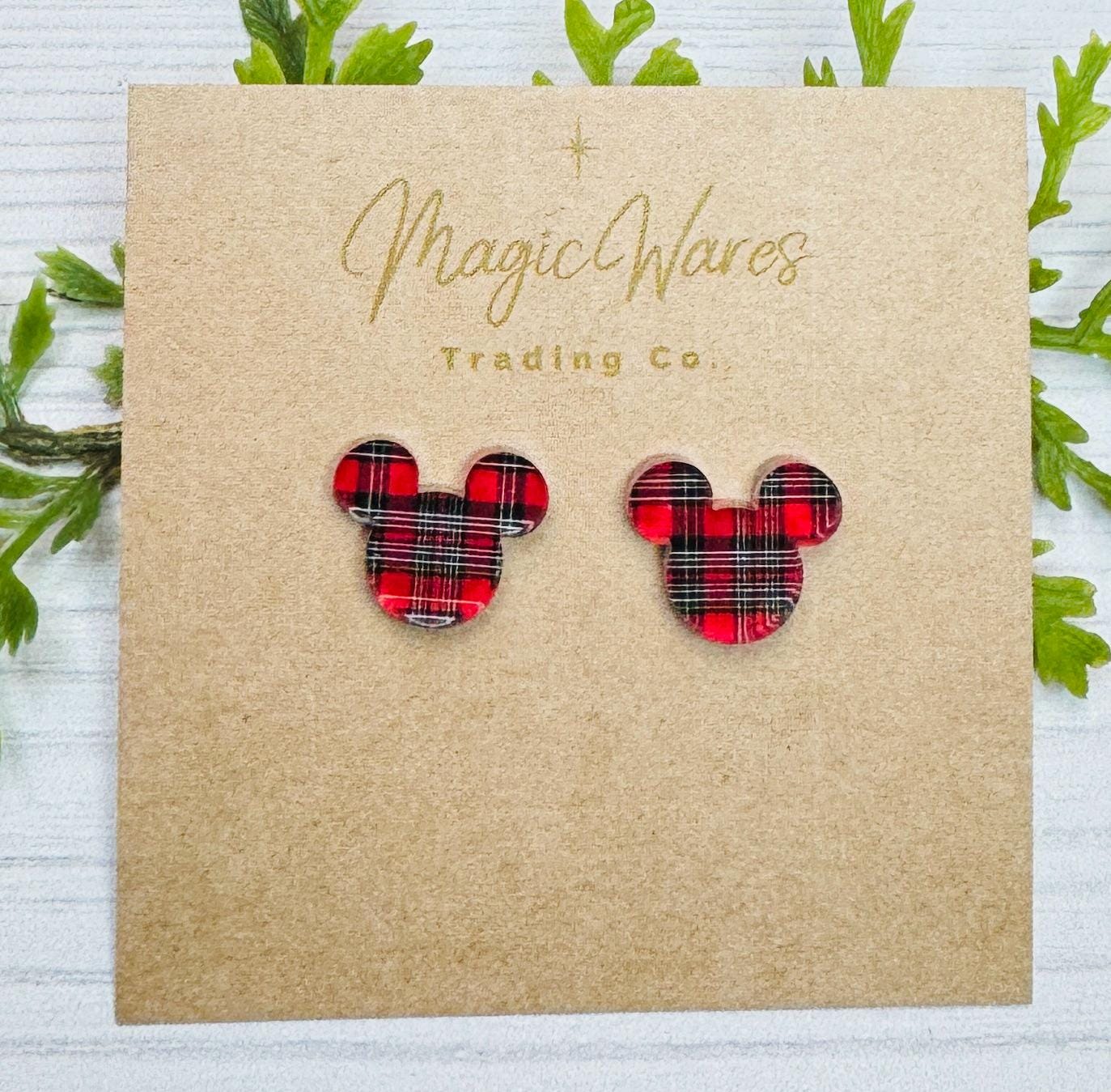 Red Tartan Plaid Mouse head Stud, Laser cut Acrylic Pierced Earlobe Post Earrings, Stainless steel stud earrings, Christmas Earrings