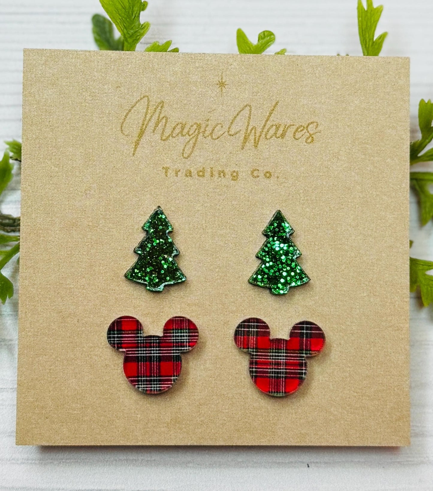 Christmas Combo , Laser Cut Green Glitter Acrylic Tree Stud and Tartan plaid Mickey head stud, Stainless Steel Pierced Earlobe earrings