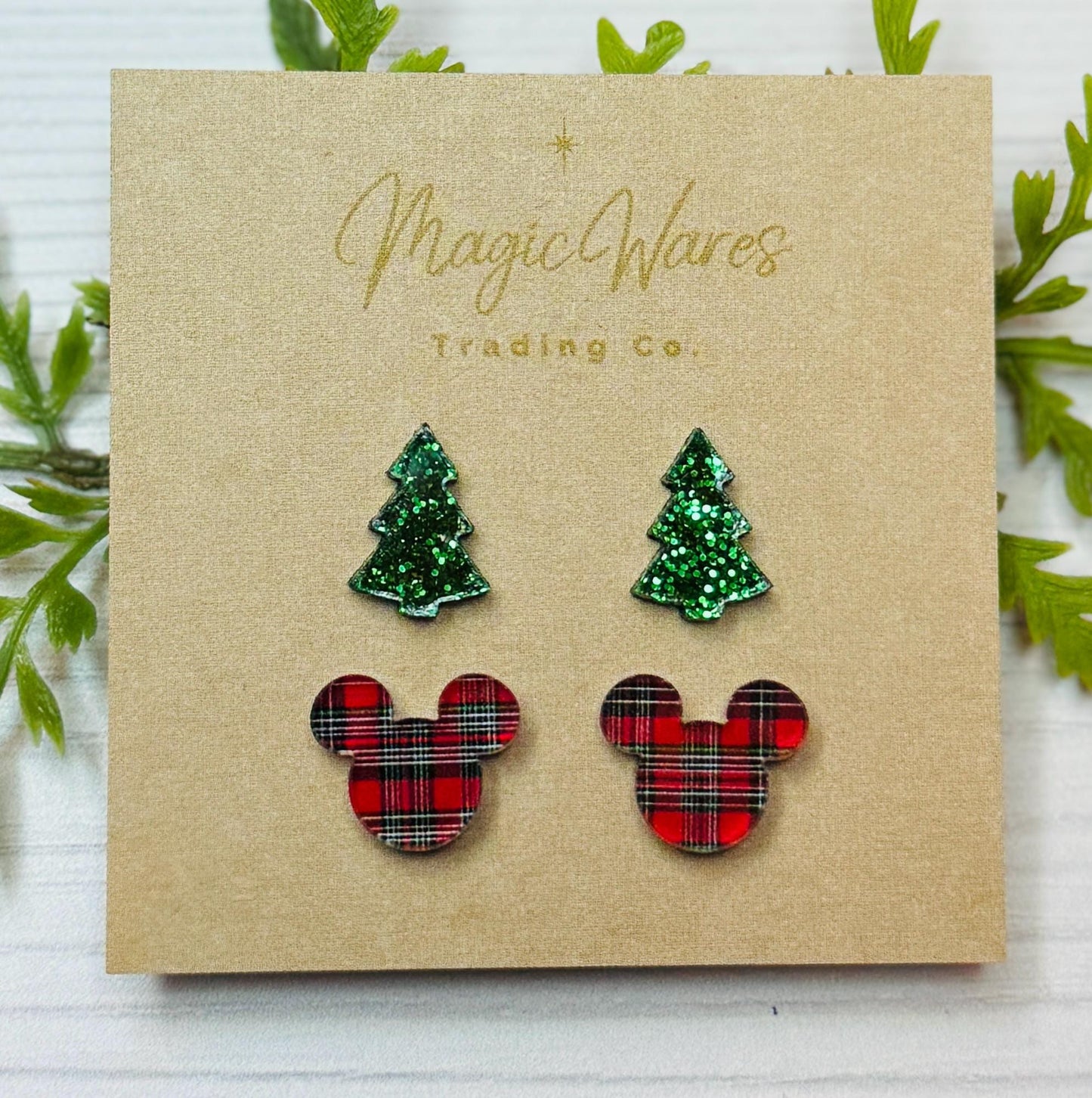 Christmas Combo , Laser Cut Green Glitter Acrylic Tree Stud and Tartan plaid Mickey head stud, Stainless Steel Pierced Earlobe earrings