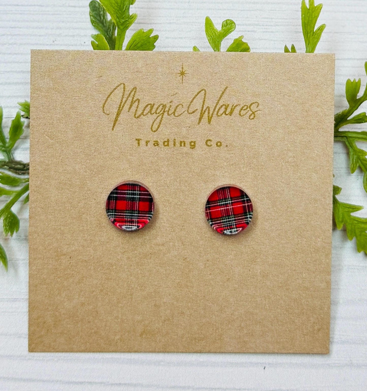 Round Red Tartan Plaid Stud Earrings, Laser Cut Post Earrings Pierced Earlobe Post earrings, Christmas earrings