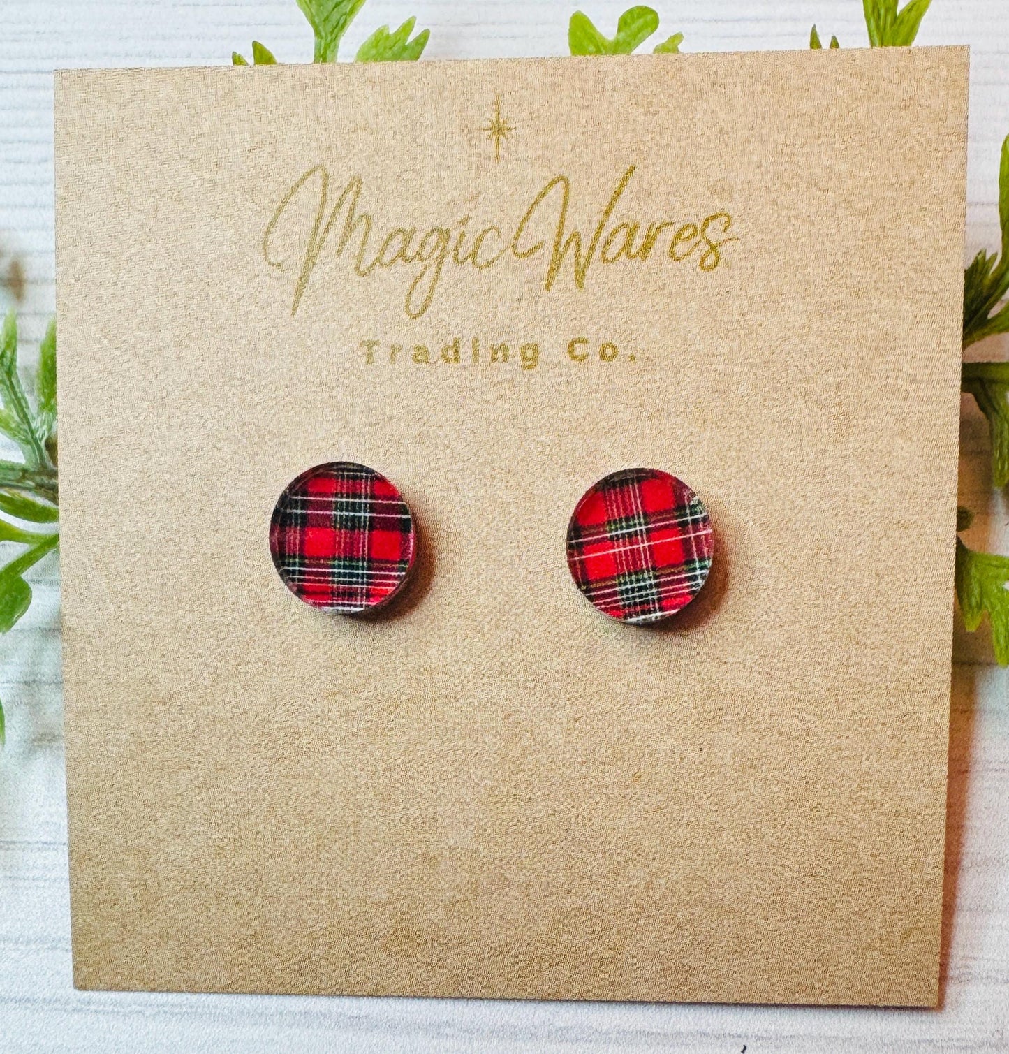 Round Red Tartan Plaid Stud Earrings, Laser Cut Post Earrings Pierced Earlobe Post earrings, Christmas earrings