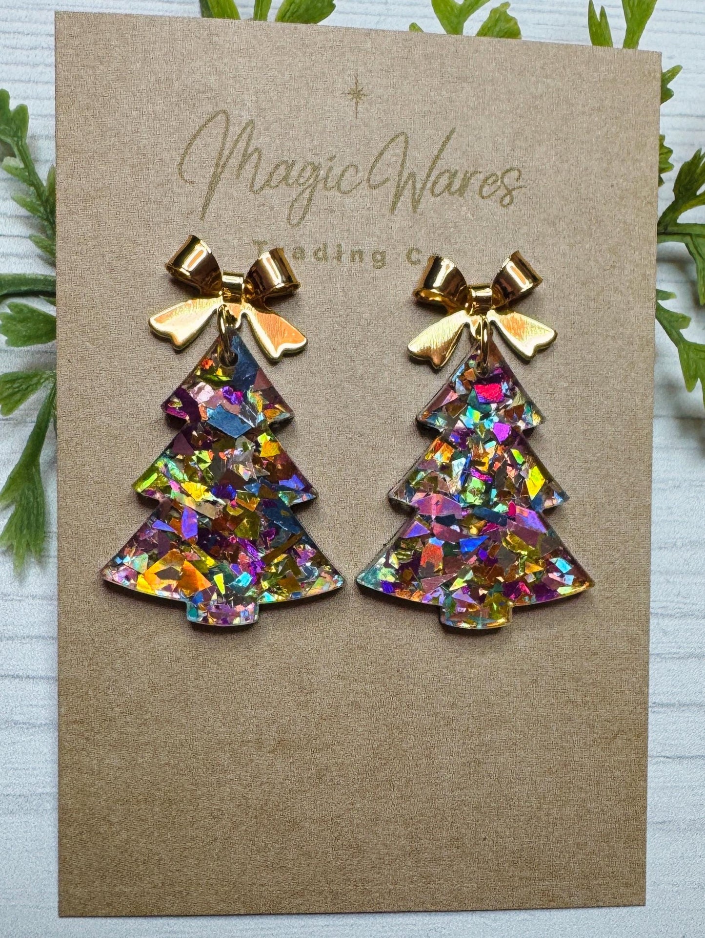 Confetti Flake Glitter Christmas Tree Dangle Post Earring, Laser Cut Confetti Flake Glitter Acrylic Dangle Earrings, Christmas Earrings