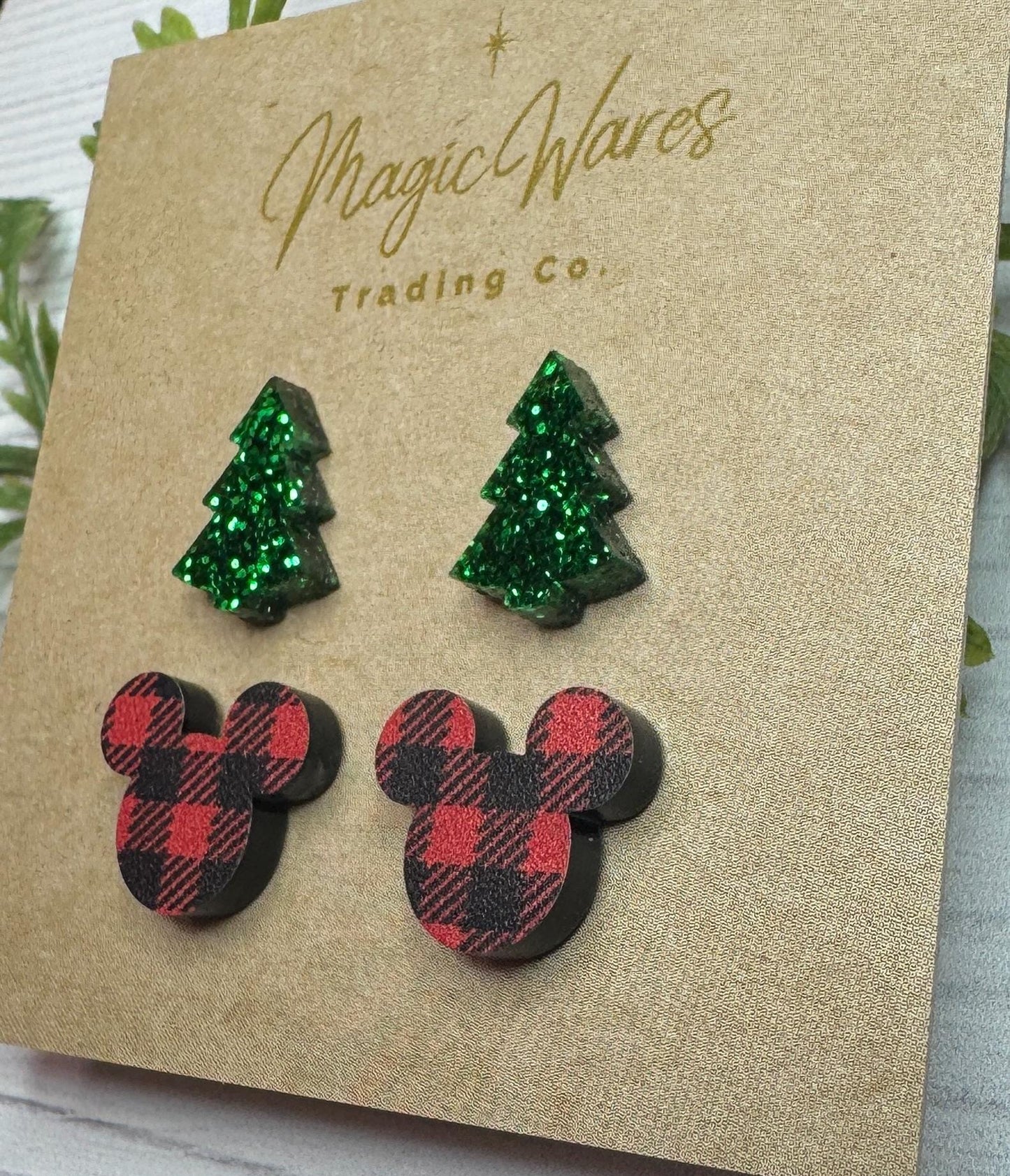 Christmas Buffalo Plaid Combo , Laser Cut Green Glitter Acrylic Tree Stud and Red Buffalo plaid Mickey head stud, Stainless Steel earrings